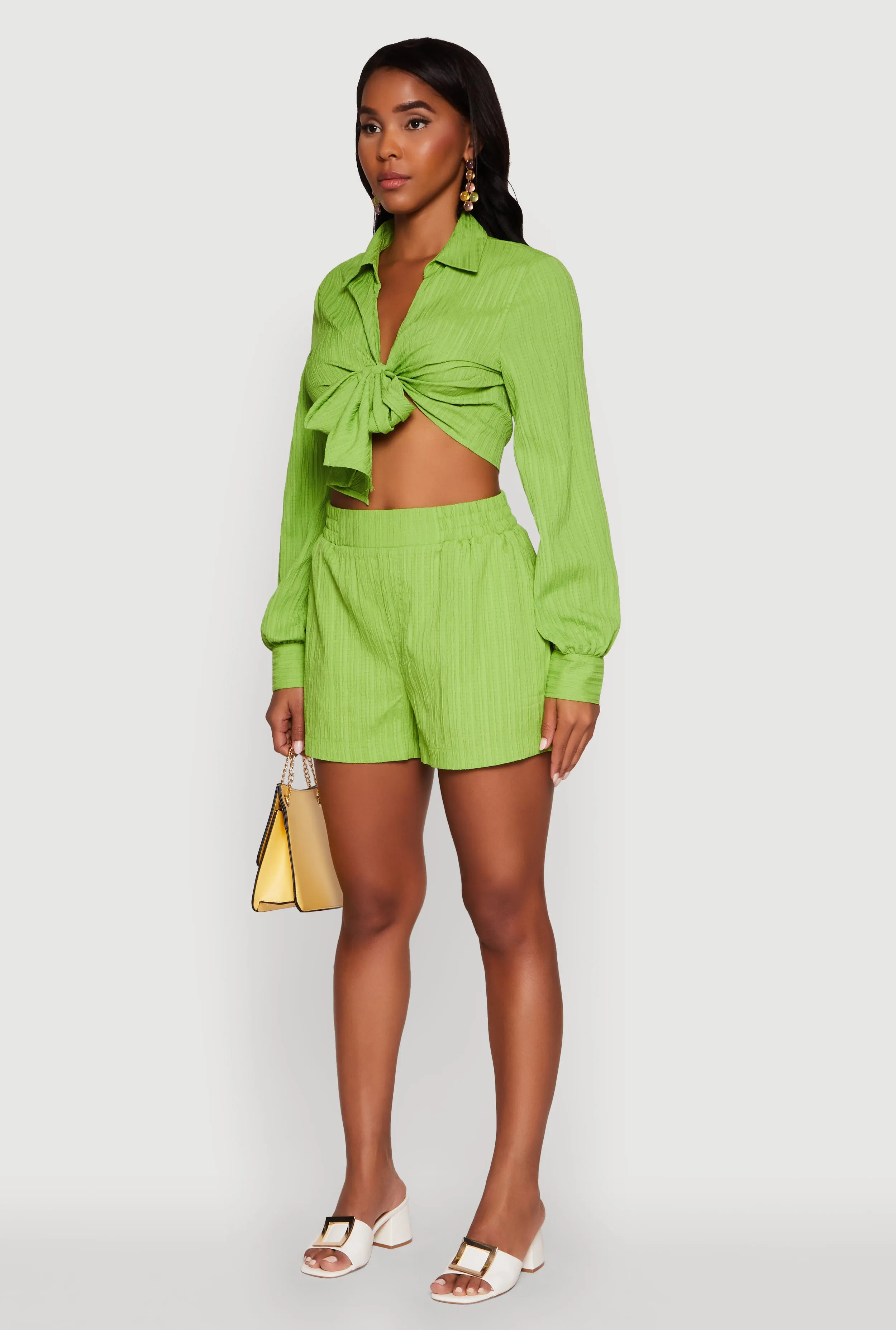 Chic Textured Knit Bubble Sleeve Tie Front Crop Top sold by Rainbow product image thumbnail 5