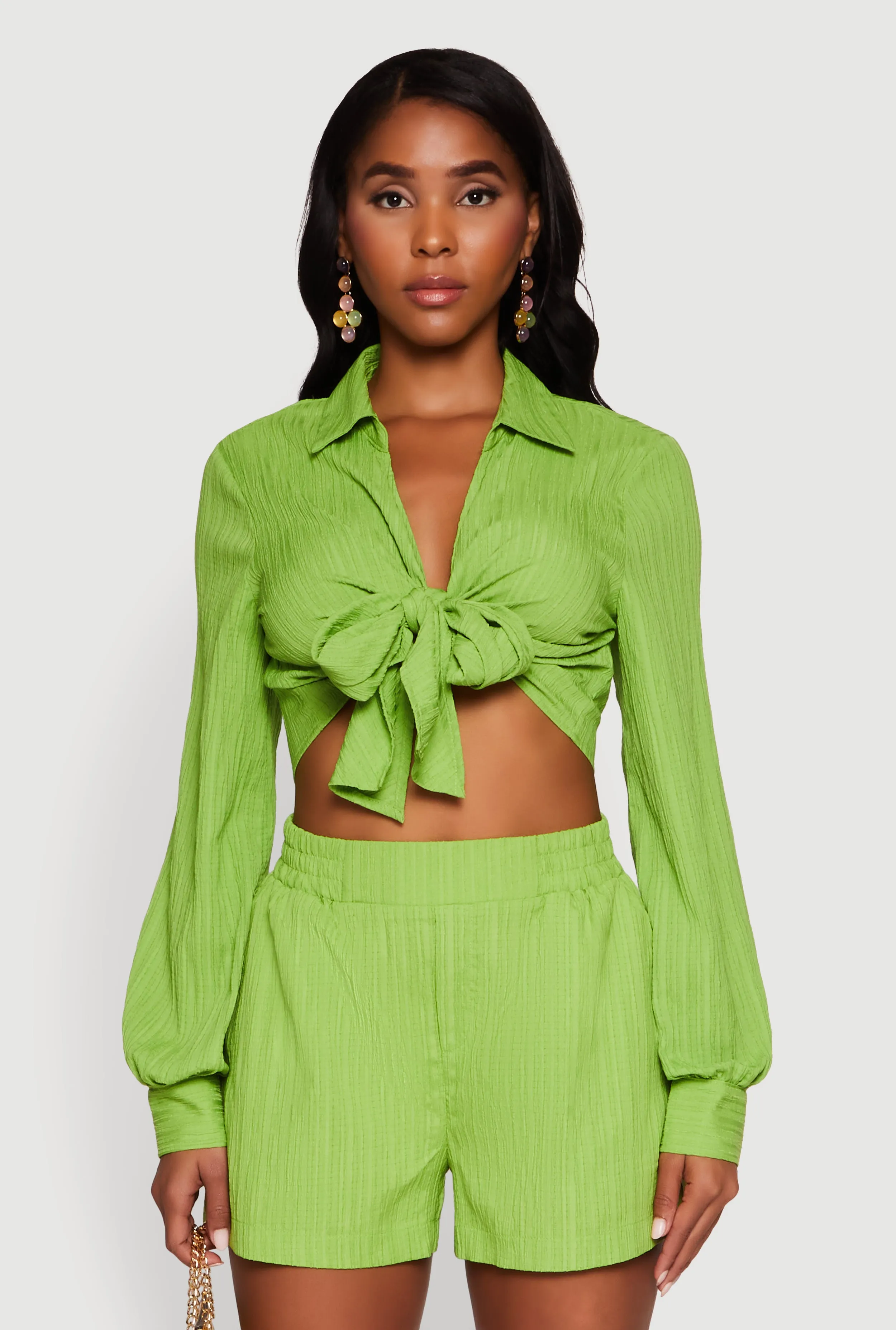 Chic Textured Knit Bubble Sleeve Tie Front Crop Top sold by Rainbow