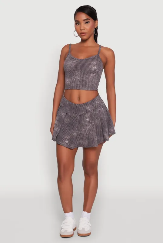 Trendy Rib Knit Acid Wash Pleated Skort made by Rainbow