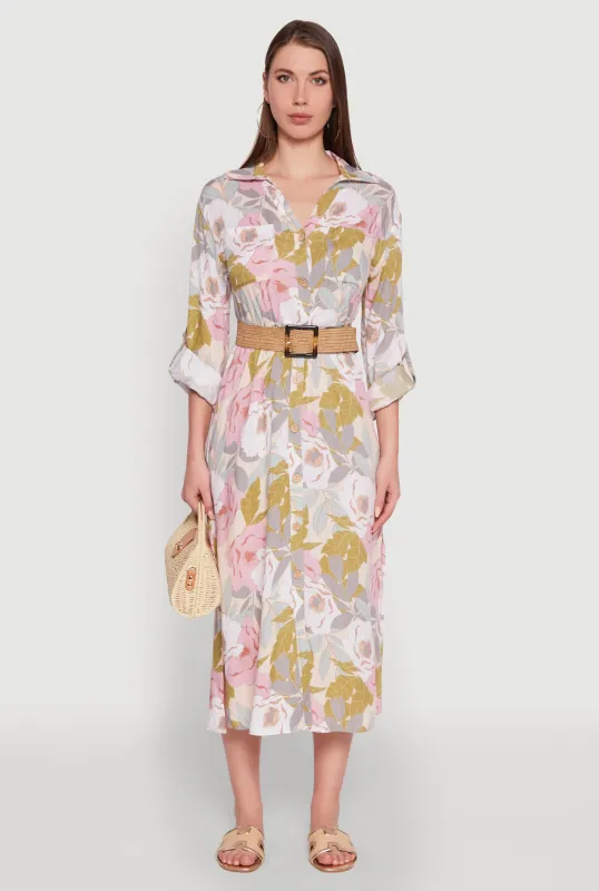 Floral Button Front Belted Shirt Dress sold by Rainbow