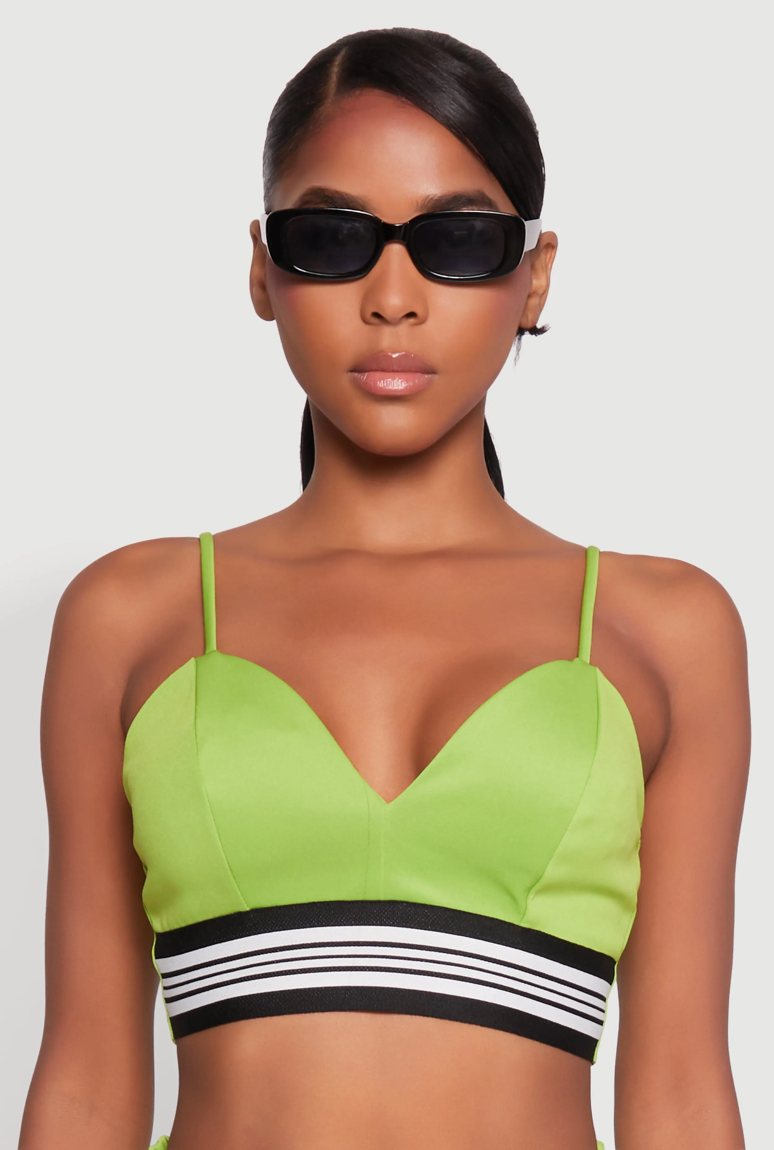 Stylish Sleeveless V-Neck Crop Top with Contrast Trim and Varsity Stripe sold by Rainbow