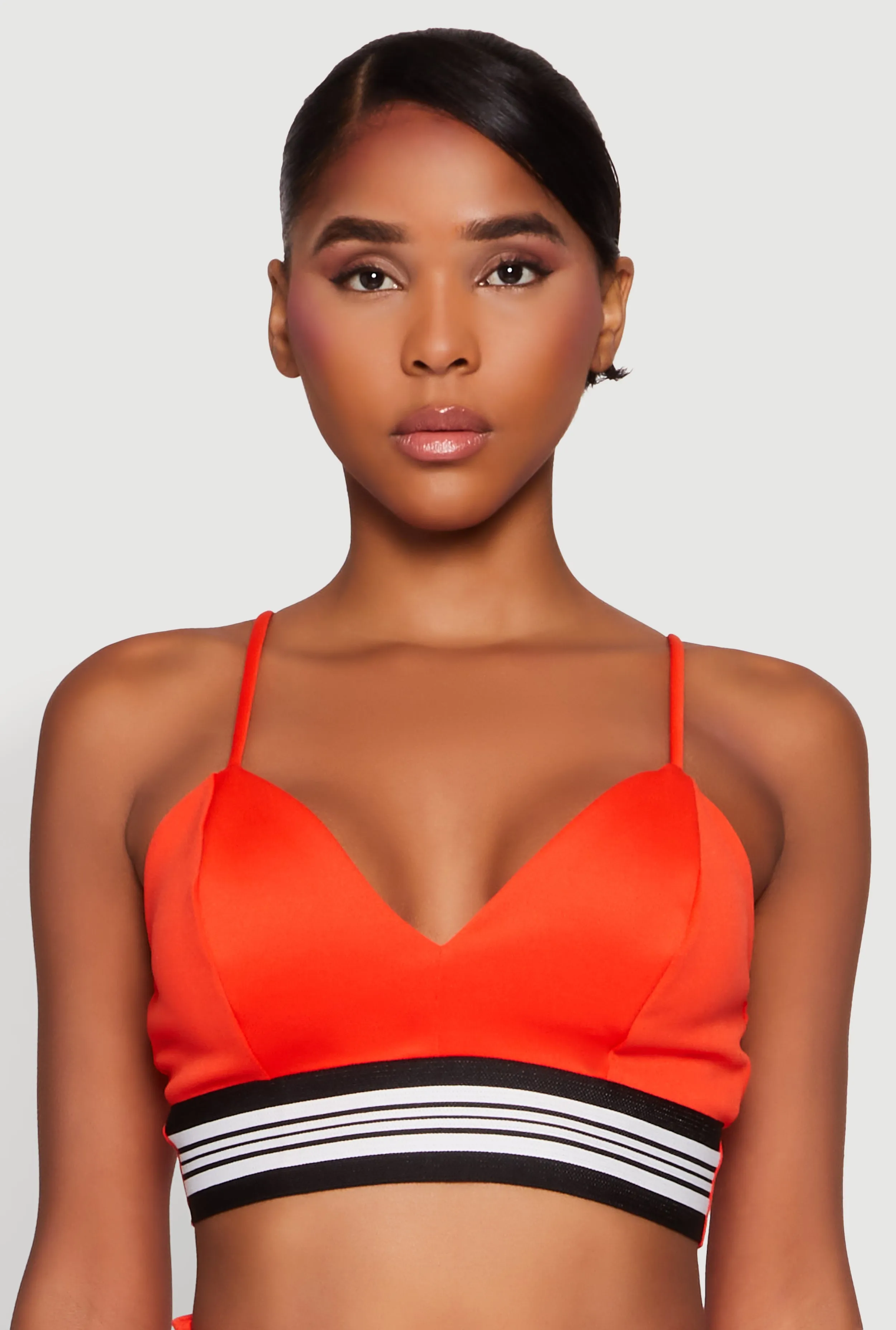 Stylish Sleeveless V-Neck Crop Top with Contrast Trim and Varsity Stripe sold by Rainbow