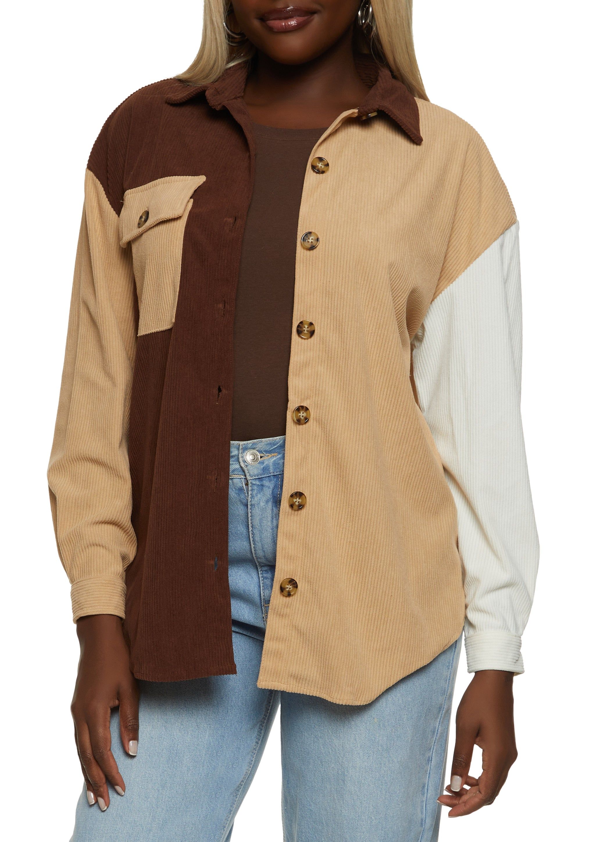 Corduroy Color Block Button Front Shirt sold by Rainbow