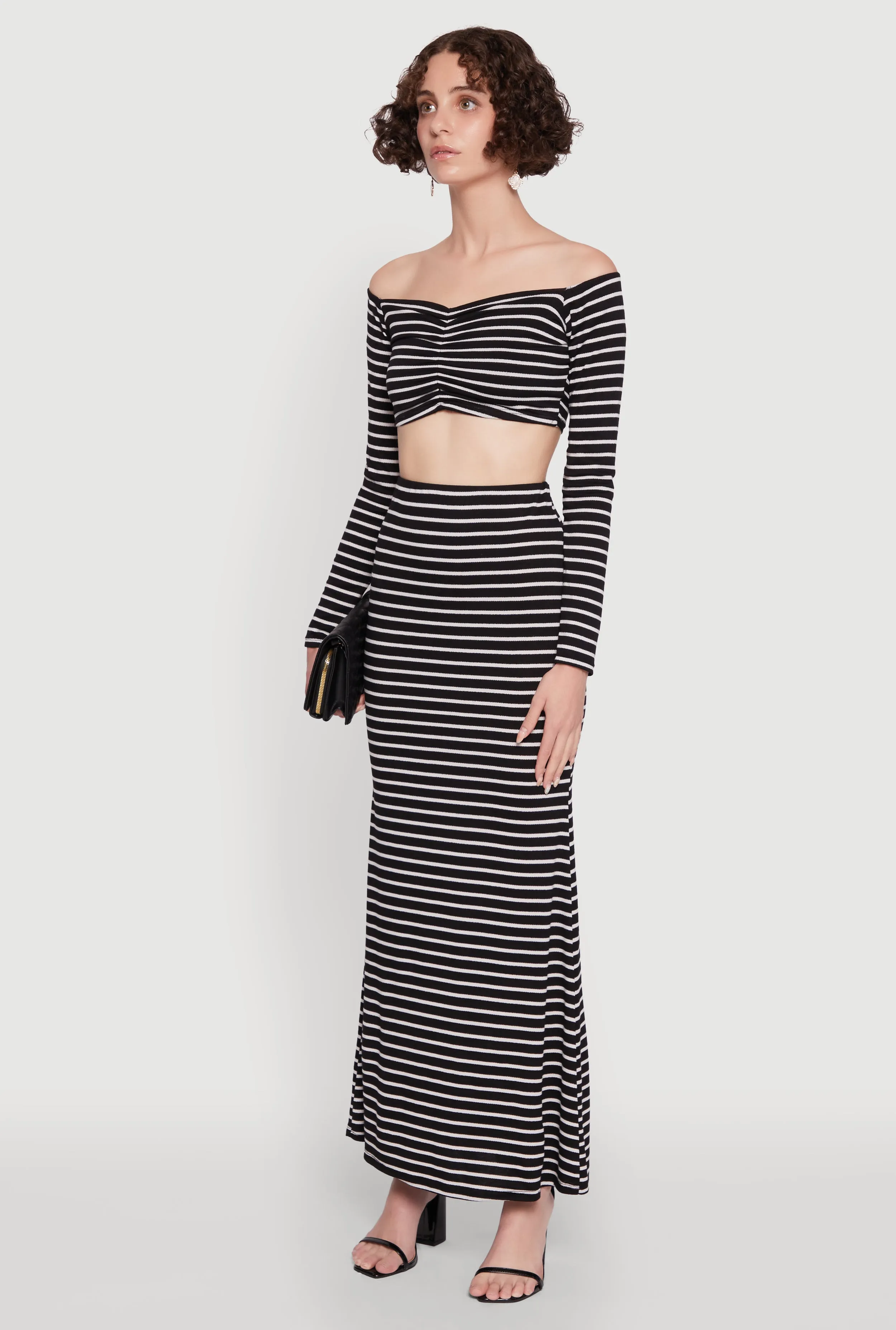 Chic Striped Off Shoulder Long Sleeve Top with Ruching and Cropped Hem sold by Rainbow product image thumbnail 5