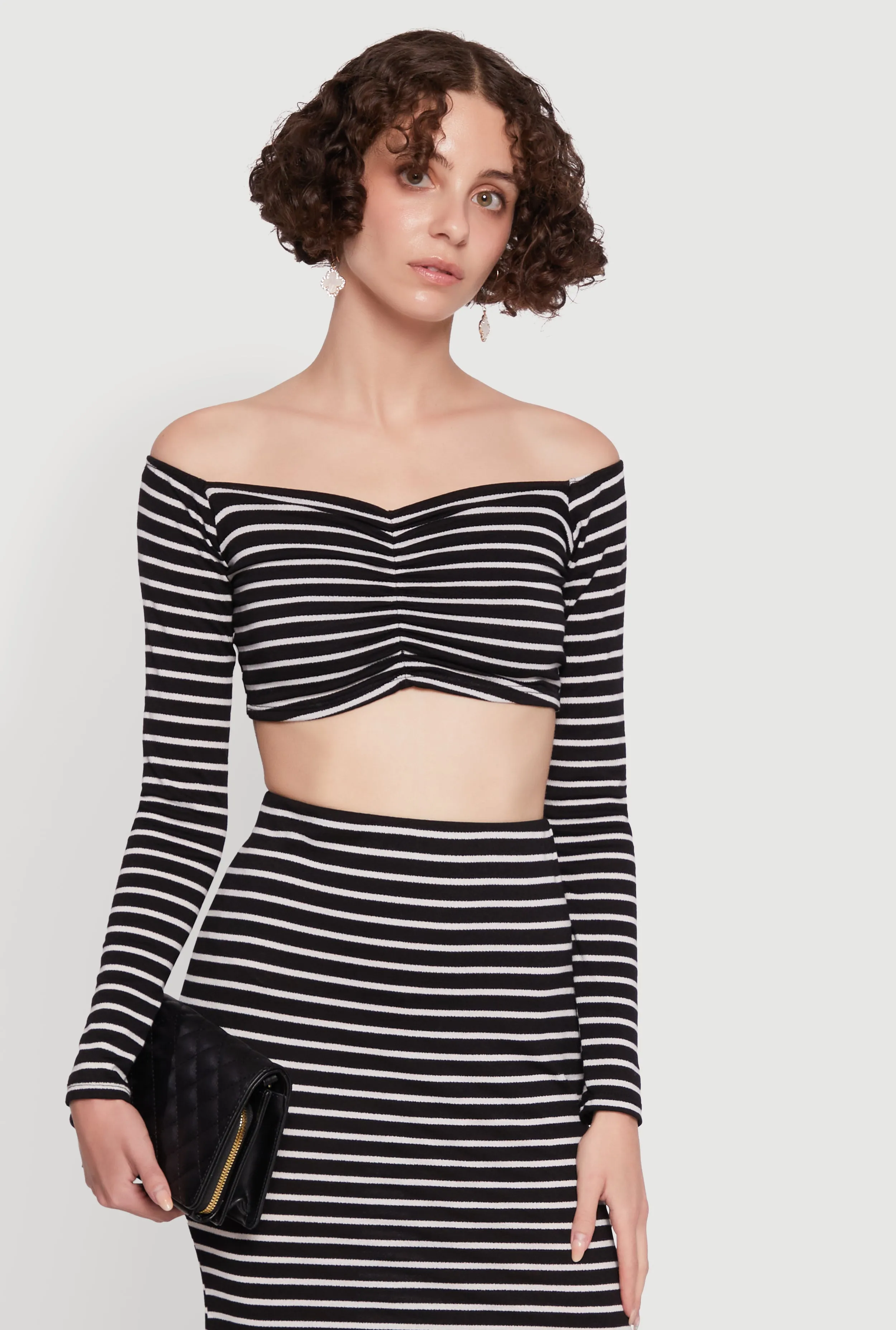 Chic Striped Off Shoulder Long Sleeve Top with Ruching and Cropped Hem sold by Rainbow