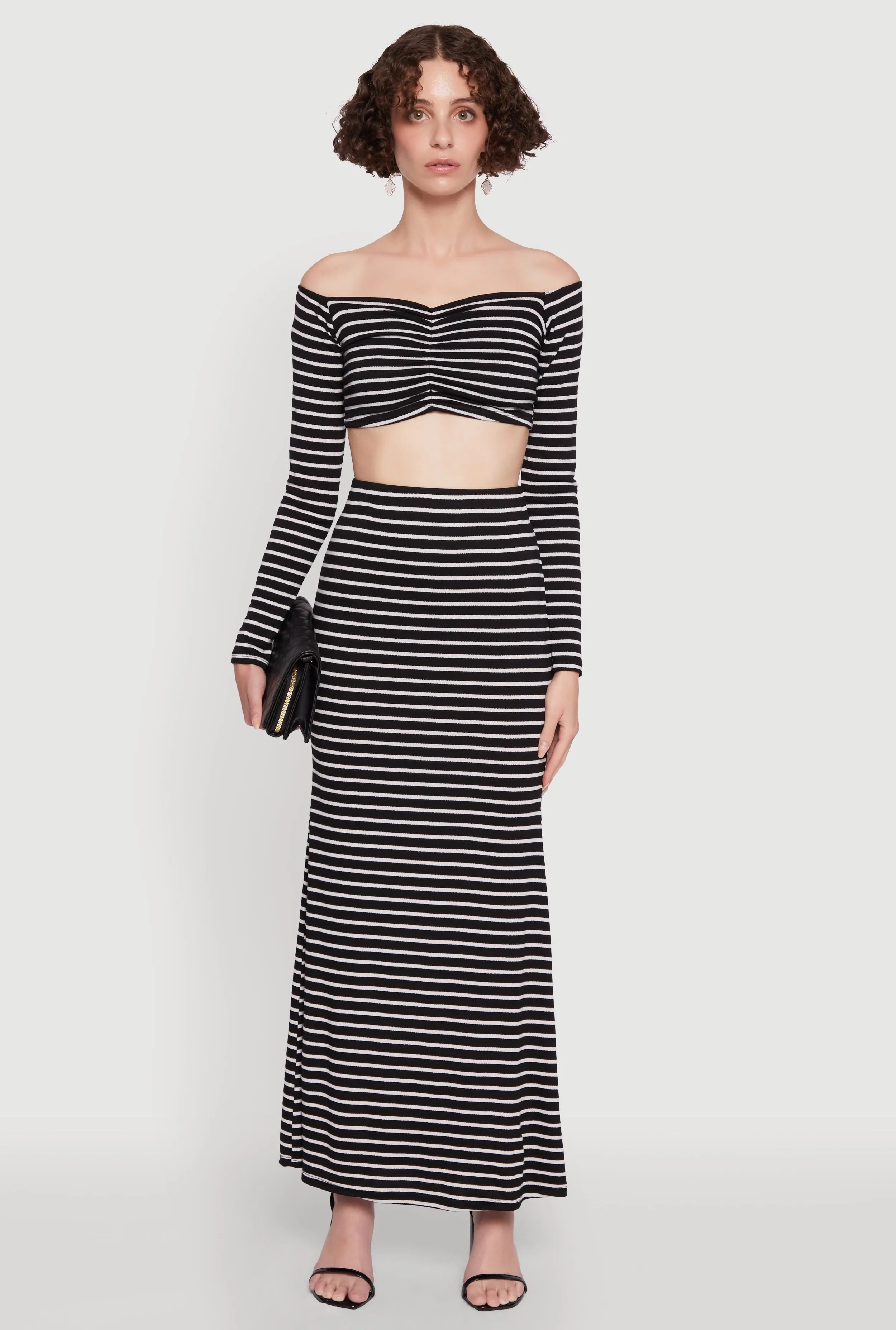 Chic Striped Off Shoulder Long Sleeve Top with Ruching and Cropped Hem sold by Rainbow product image thumbnail 3