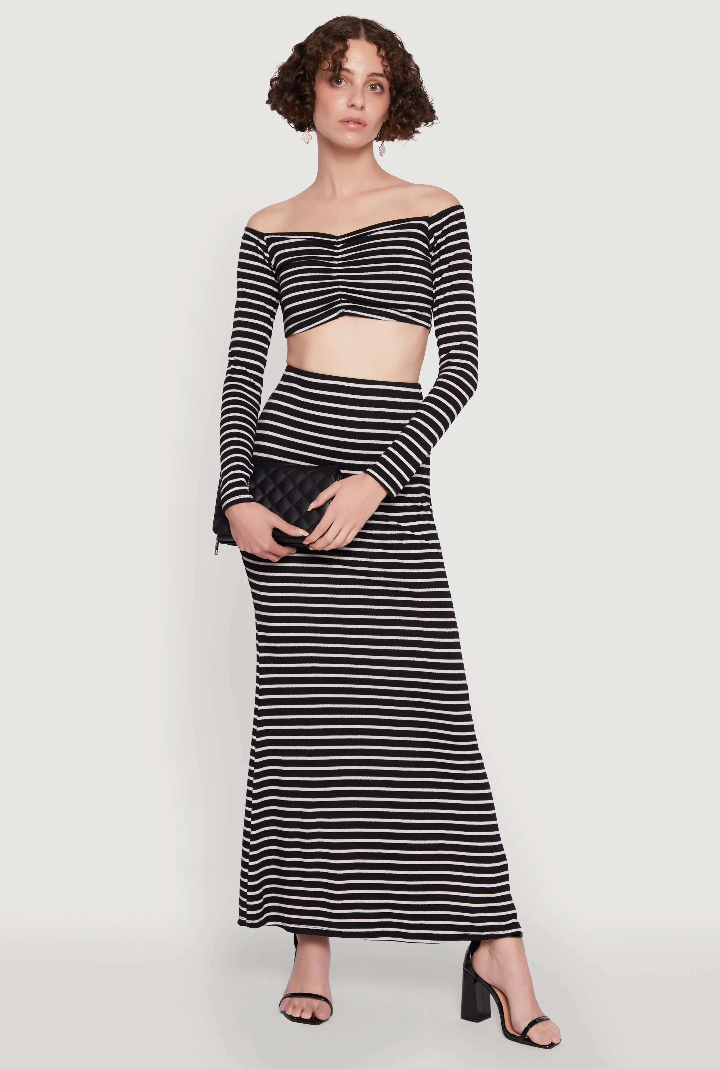 Chic Striped Off Shoulder Long Sleeve Top with Ruching and Cropped Hem sold by Rainbow product image thumbnail 2