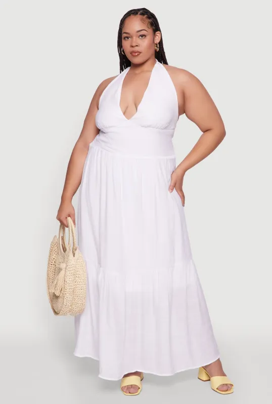Plus Size Chic Smocked Back Halter Maxi Sundress sold by Rainbow