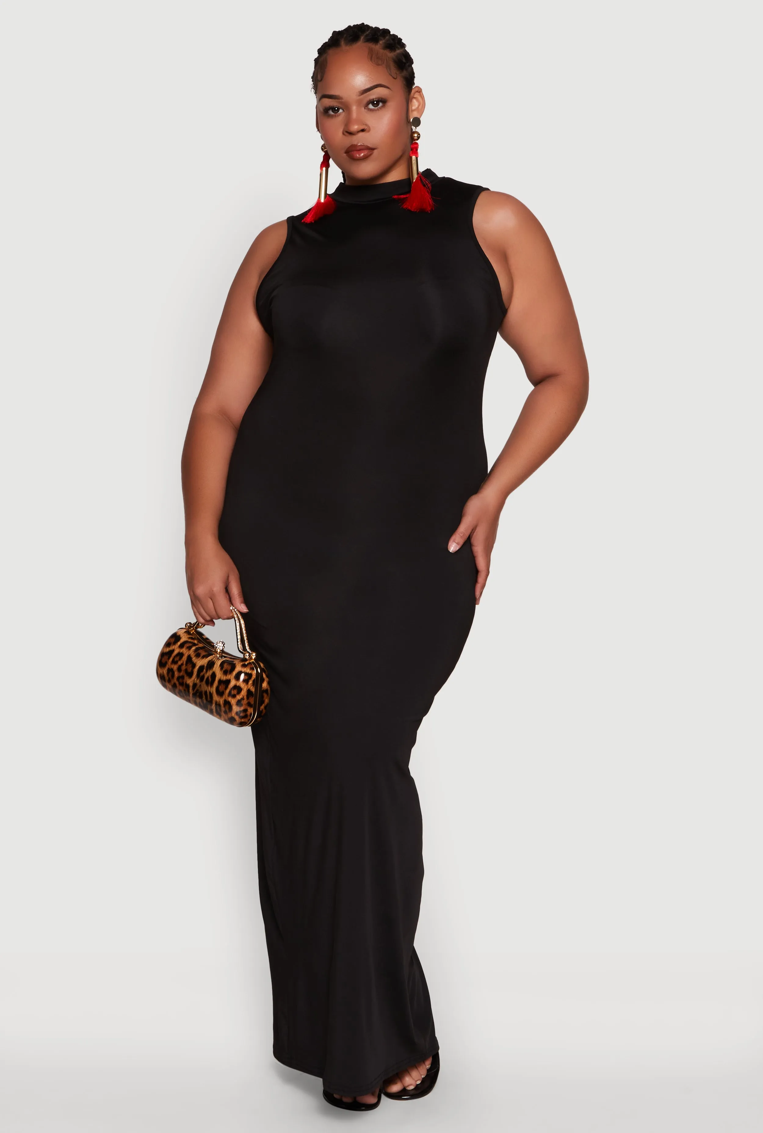 Plus Size Sleeveless Mock Neck Maxi Dress with Slit Back sold by Rainbow