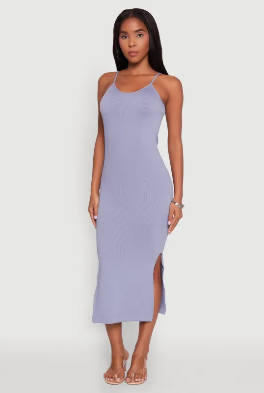 Trendy Ribbed Knit Side Slit Midi Dress sold by Rainbow