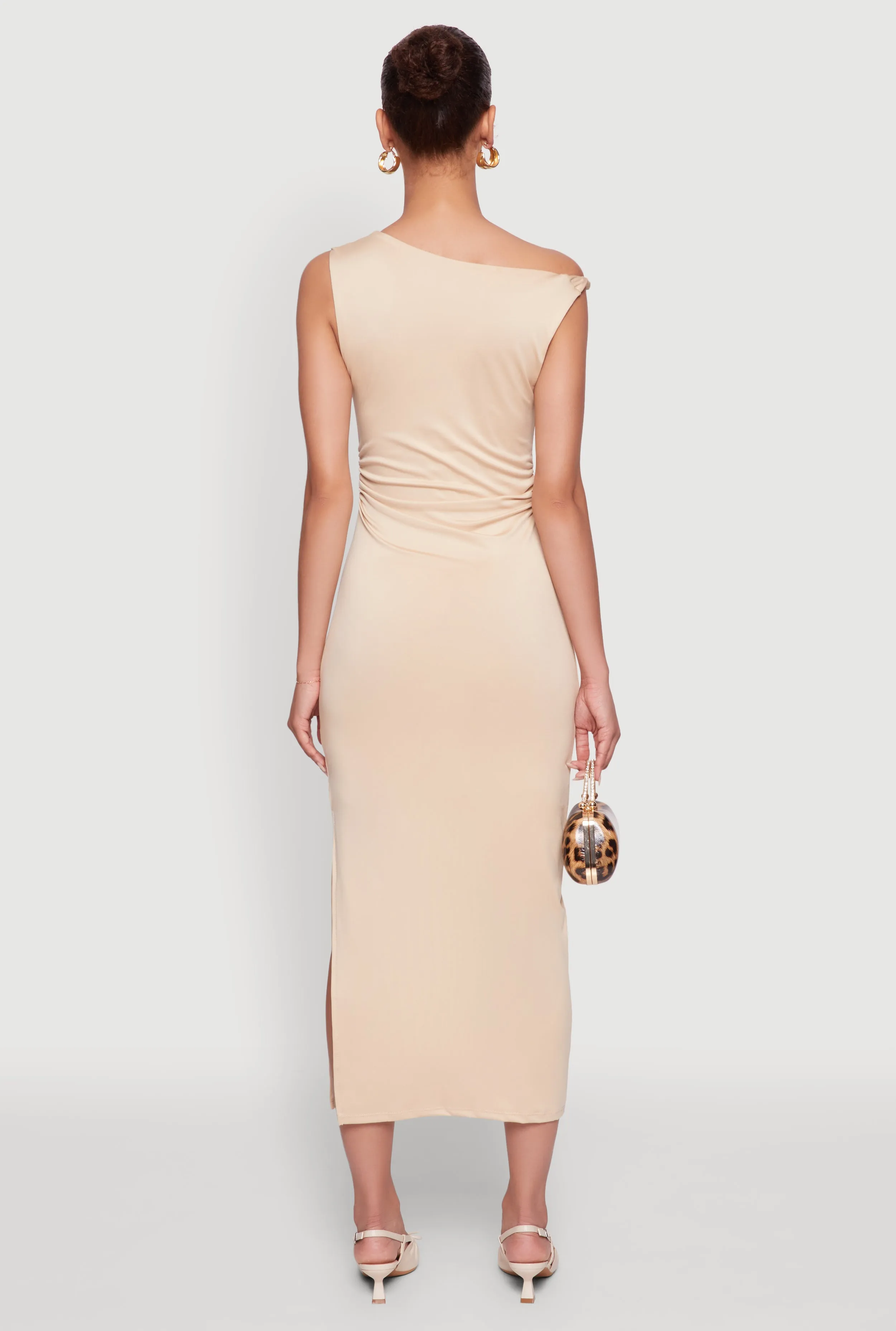 Asymmetrical Neckline Ruched Bodycon Dress with Side Slit sold by Rainbow product image thumbnail 5