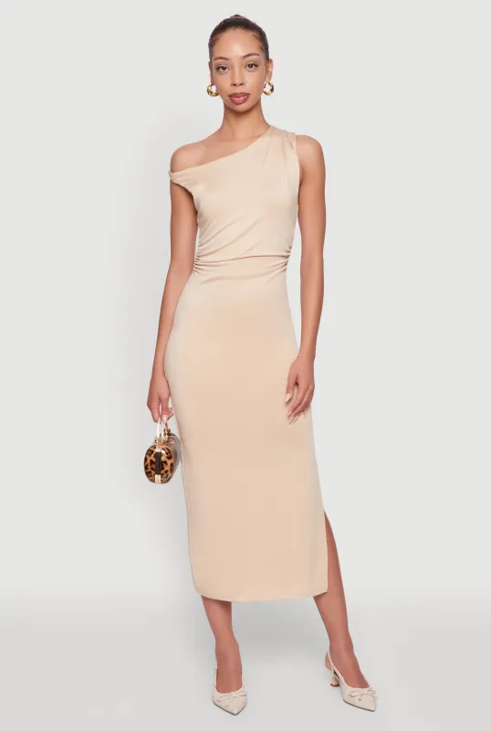 Asymmetrical Neckline Ruched Bodycon Dress with Side Slit sold by Rainbow