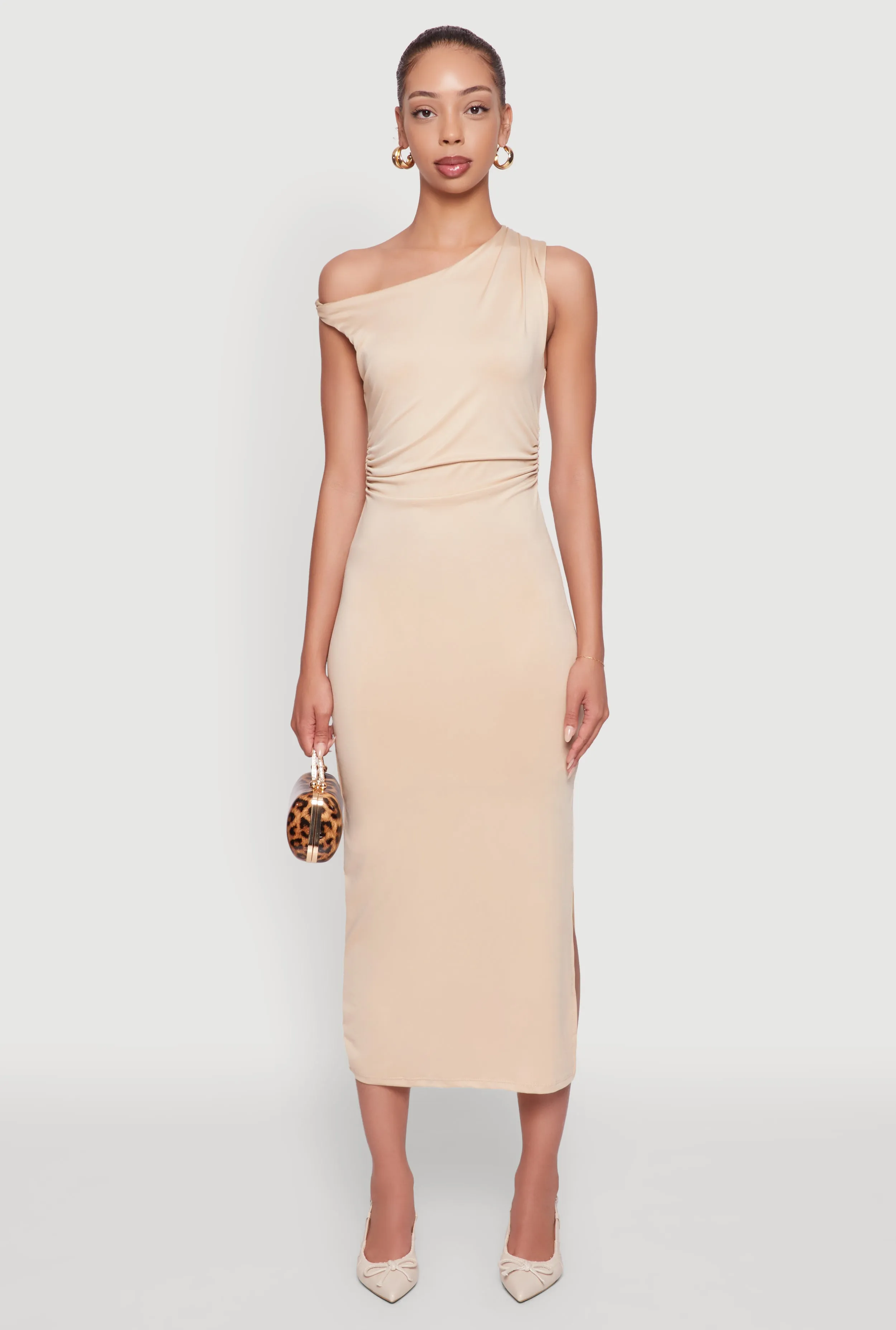 Asymmetrical Neckline Ruched Bodycon Dress with Side Slit sold by Rainbow product image thumbnail 2