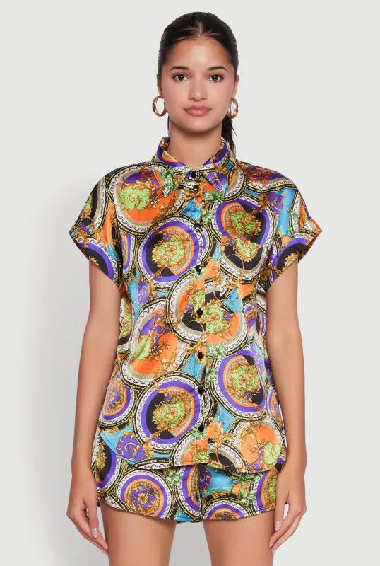 Trendy Status Print Short Sleeve Button Front Shirt sold by Rainbow