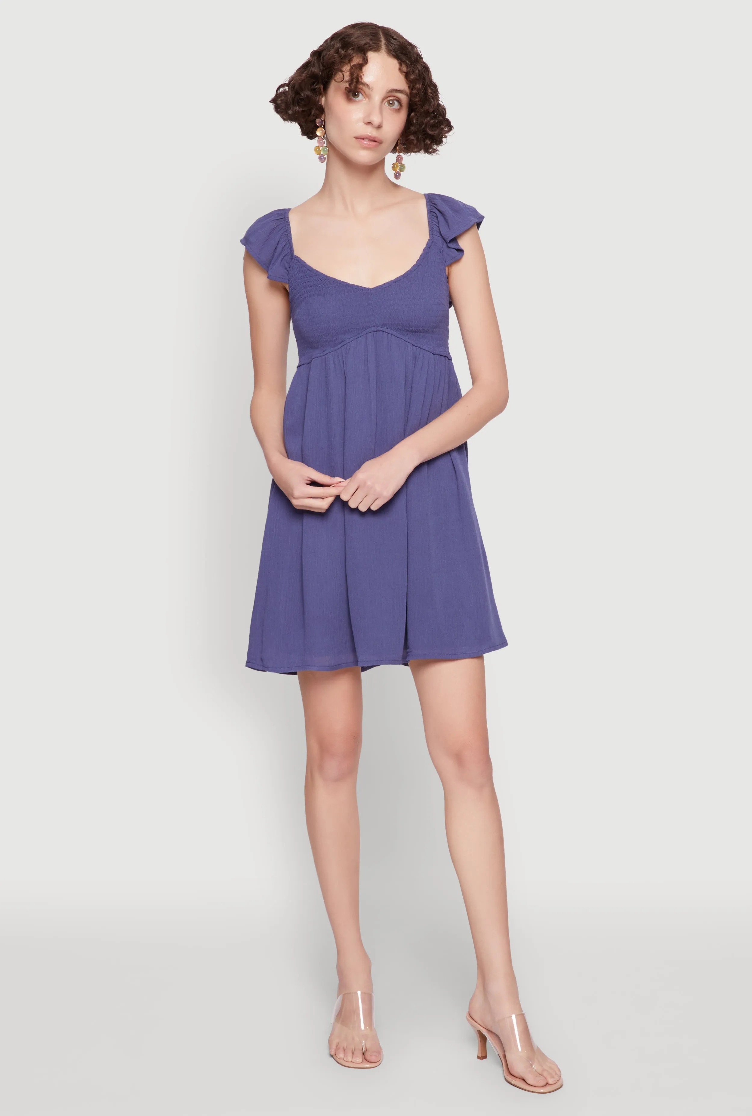 Smocked Flutter Sleeve Empire Waist Mini Dress sold by Rainbow