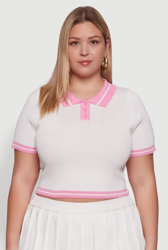 Plus Size Daisy Varsity Stripe Crop Polo Tee sold by Rainbow