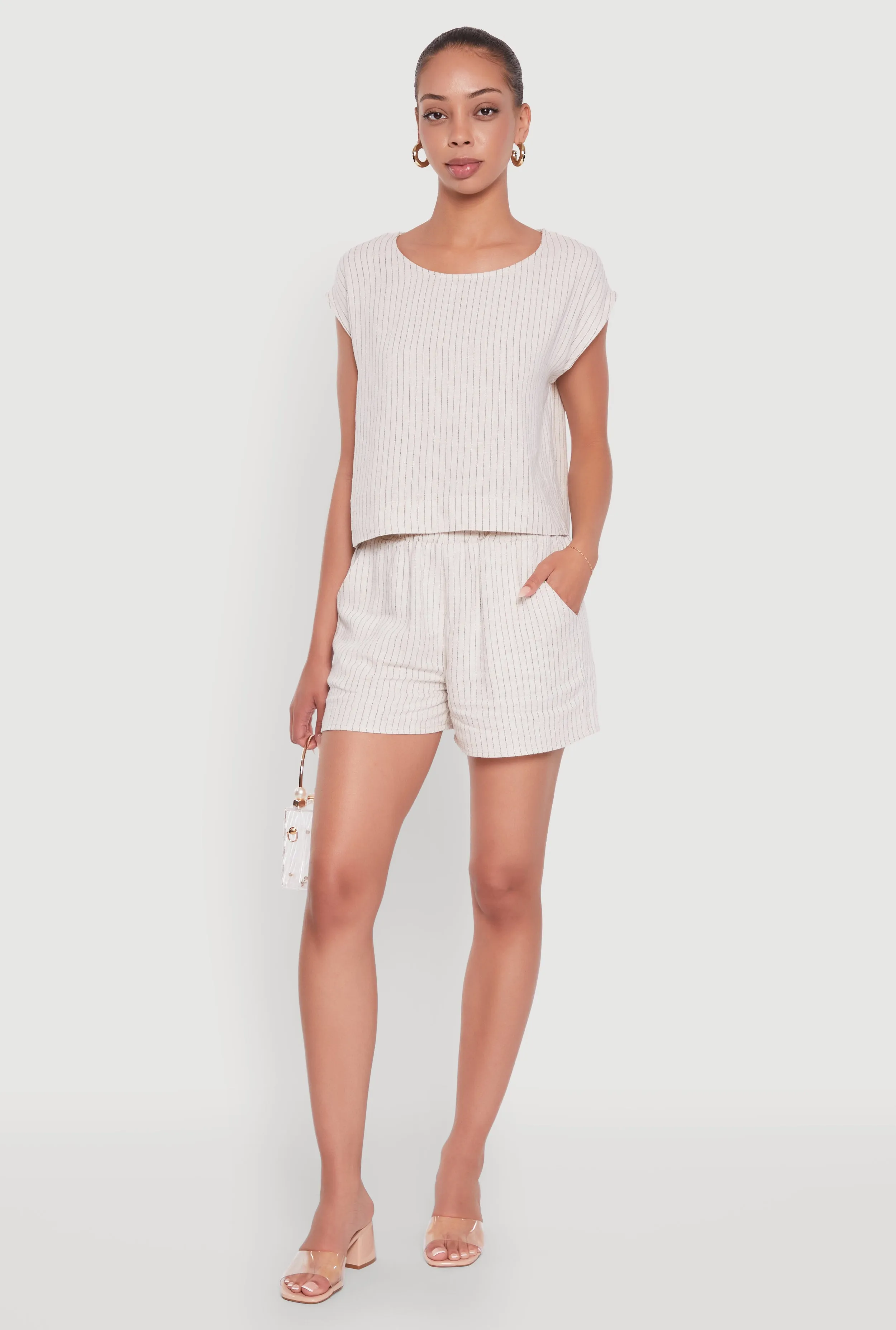 Chic Linen Pinstripe High Waisted Shorts sold by Rainbow