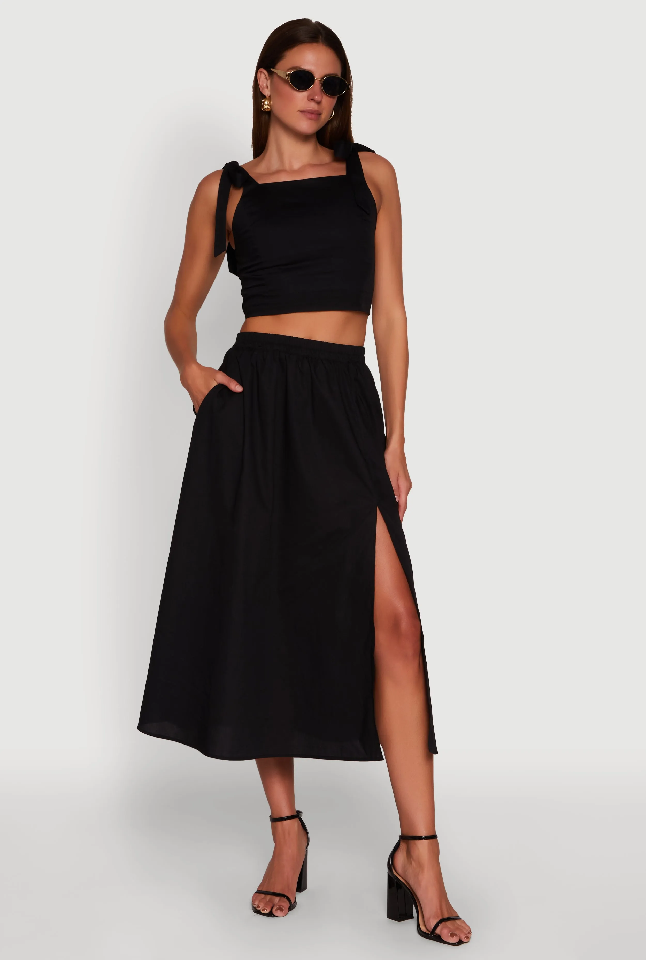 Trendy Poplin High Waisted Side Slit Midi Skirt sold by Rainbow