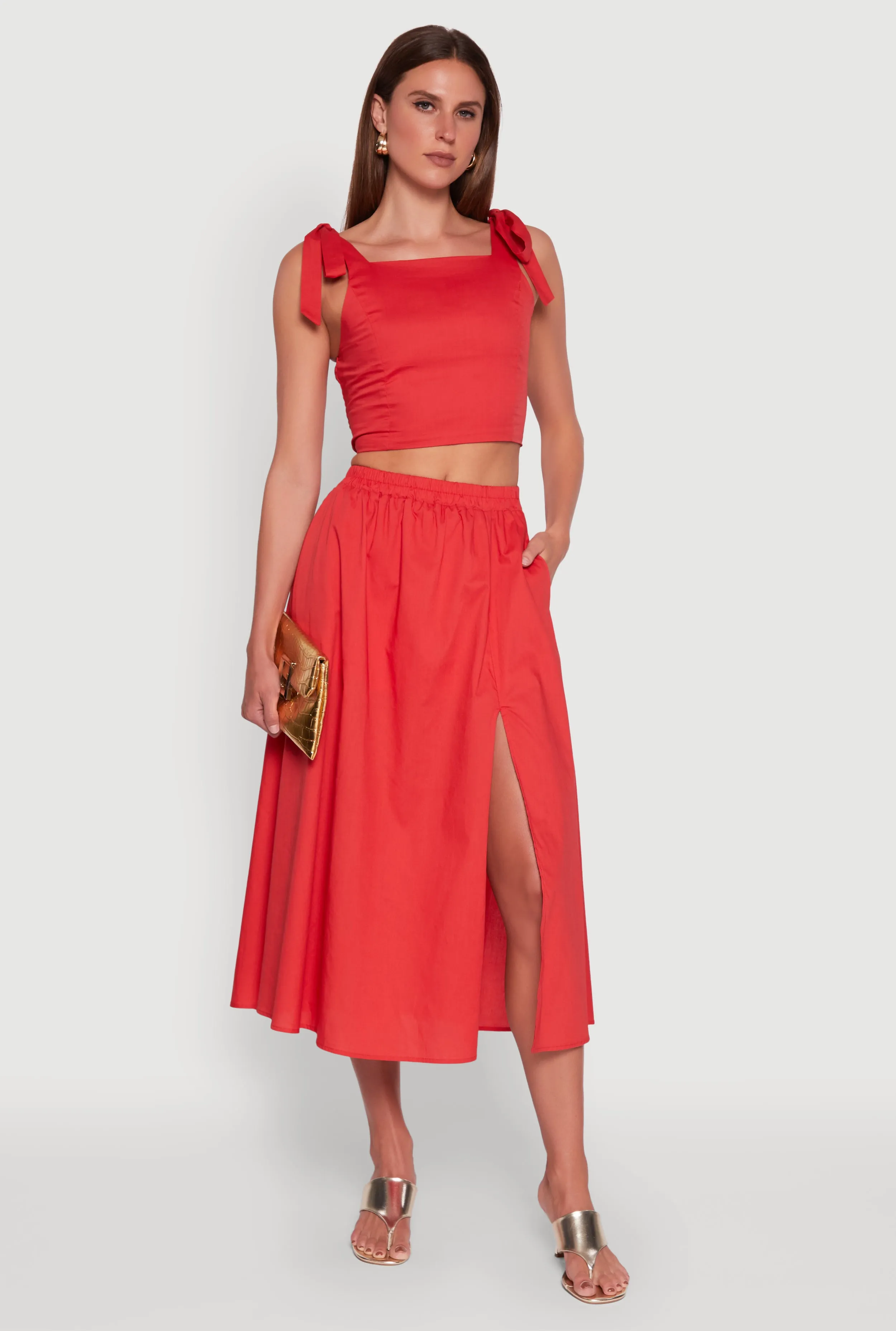 Trendy Poplin High Waisted Side Slit Midi Skirt sold by Rainbow