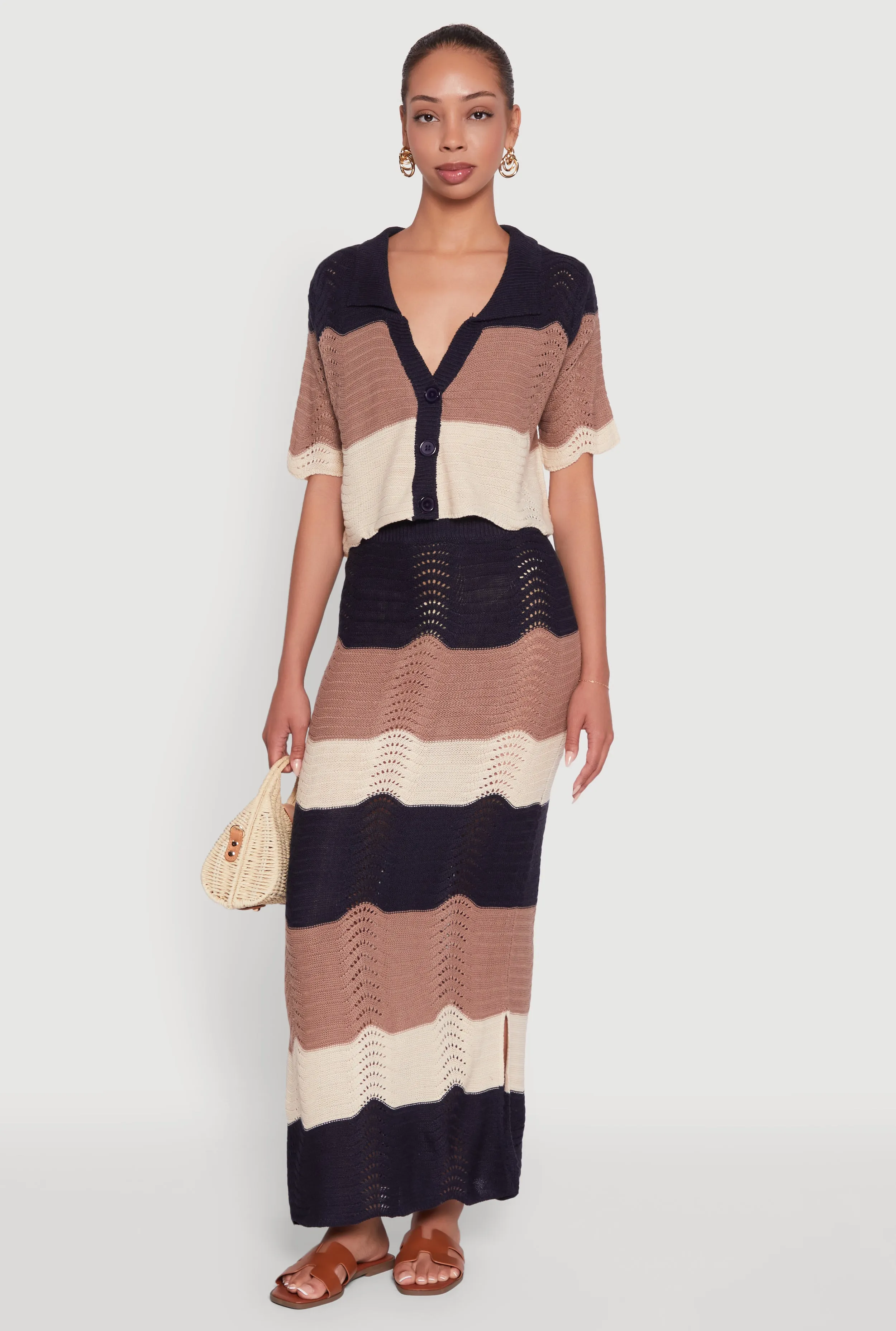 Chic Crocheted Striped Button Front Cardigan sold by Rainbow product image thumbnail 2