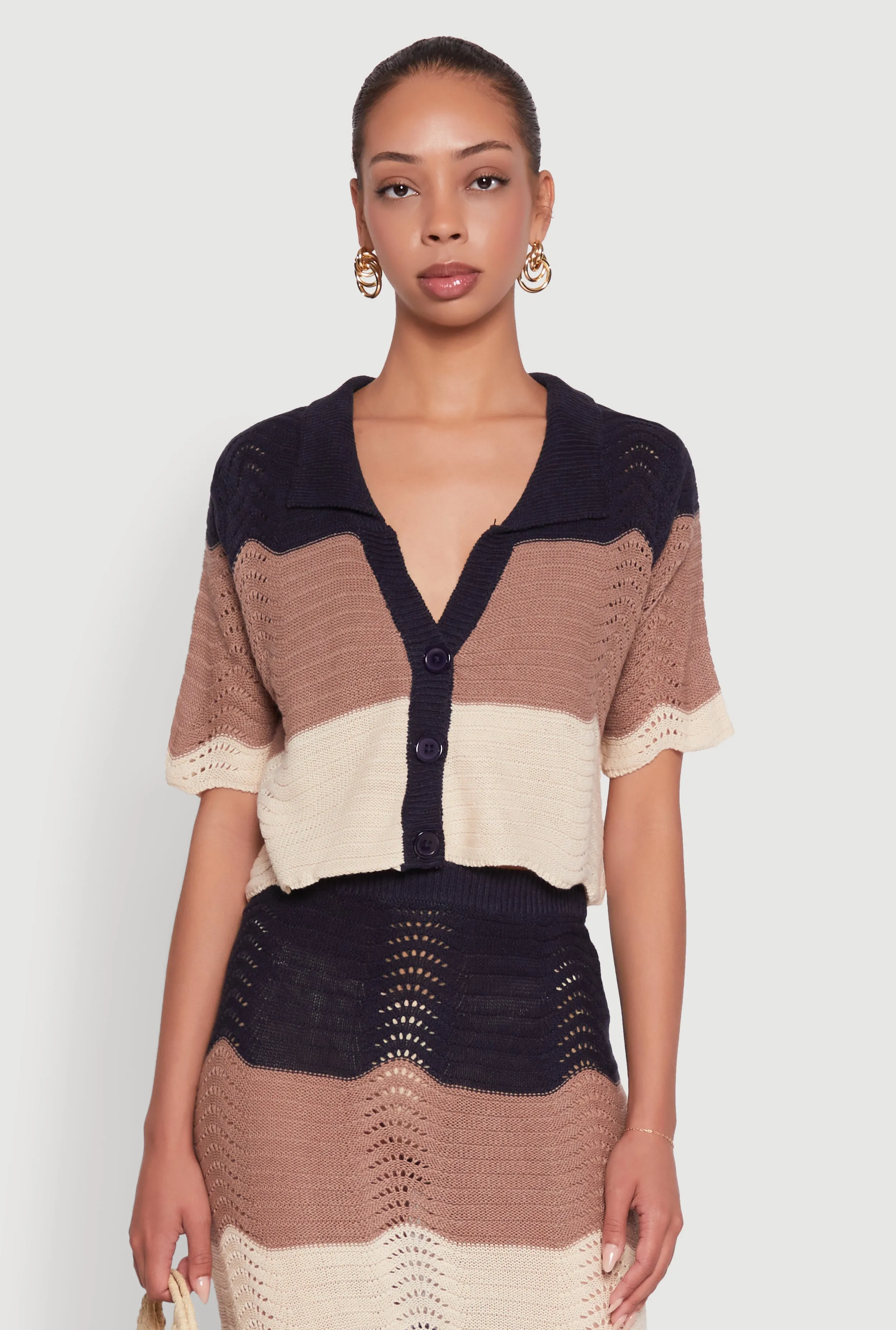 Chic Crocheted Striped Button Front Cardigan sold by Rainbow