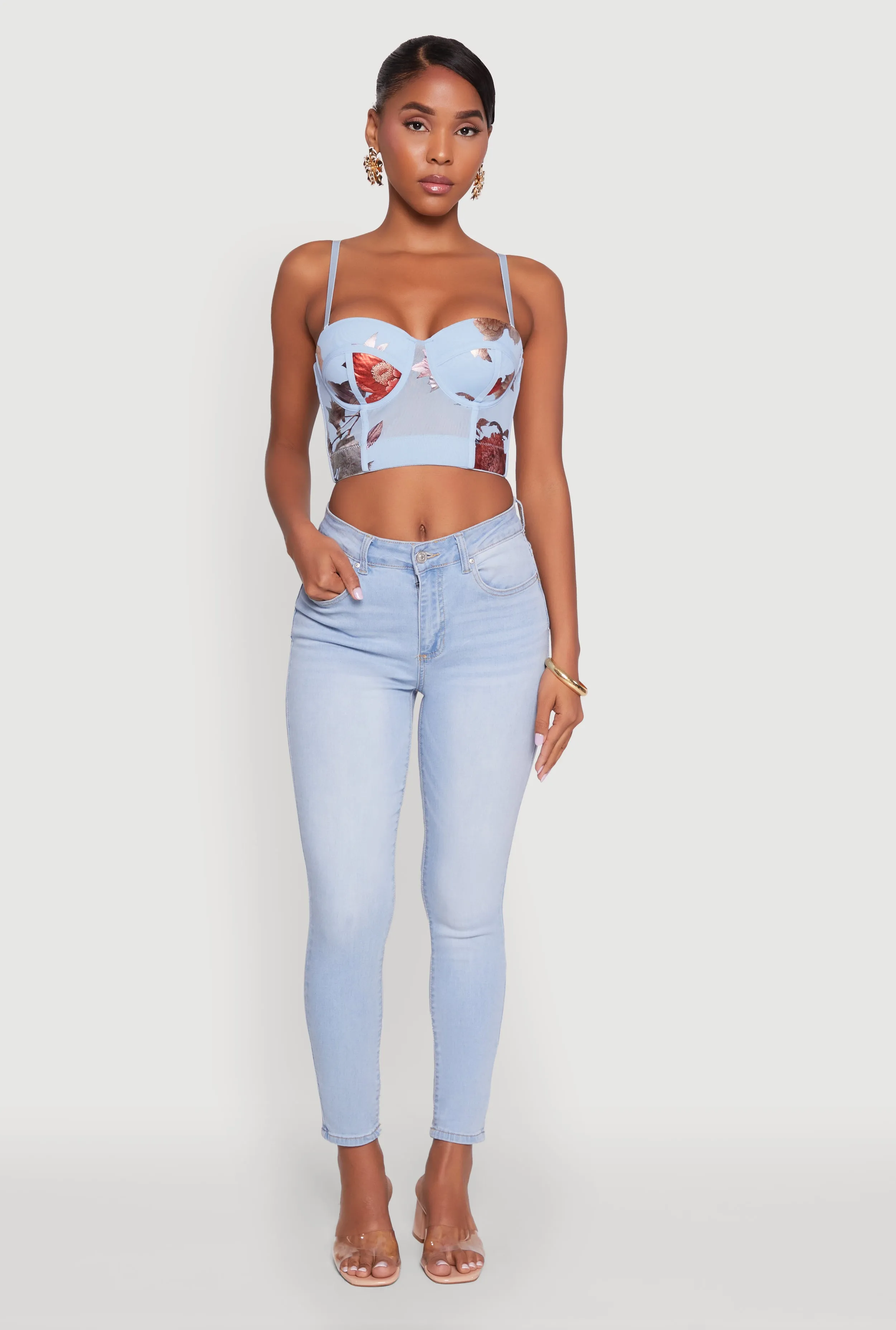 Stylish Floral Mesh Bustier Crop Top sold by Rainbow