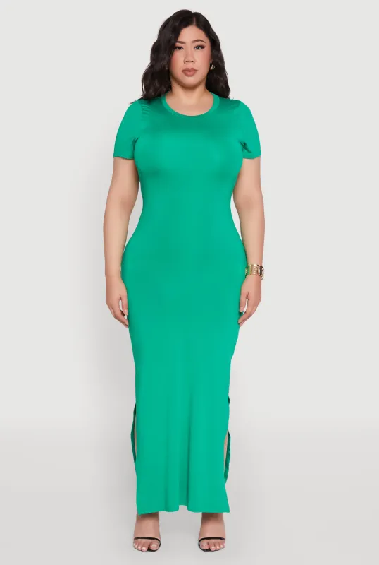 Plus Size Daisy Crew Neck Side Slit T-Shirt Dress sold by Rainbow