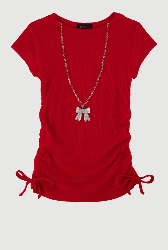 Little Girls Ribbed Knit Tee with Removable Rhinestone Bow Necklace sold by Rainbow