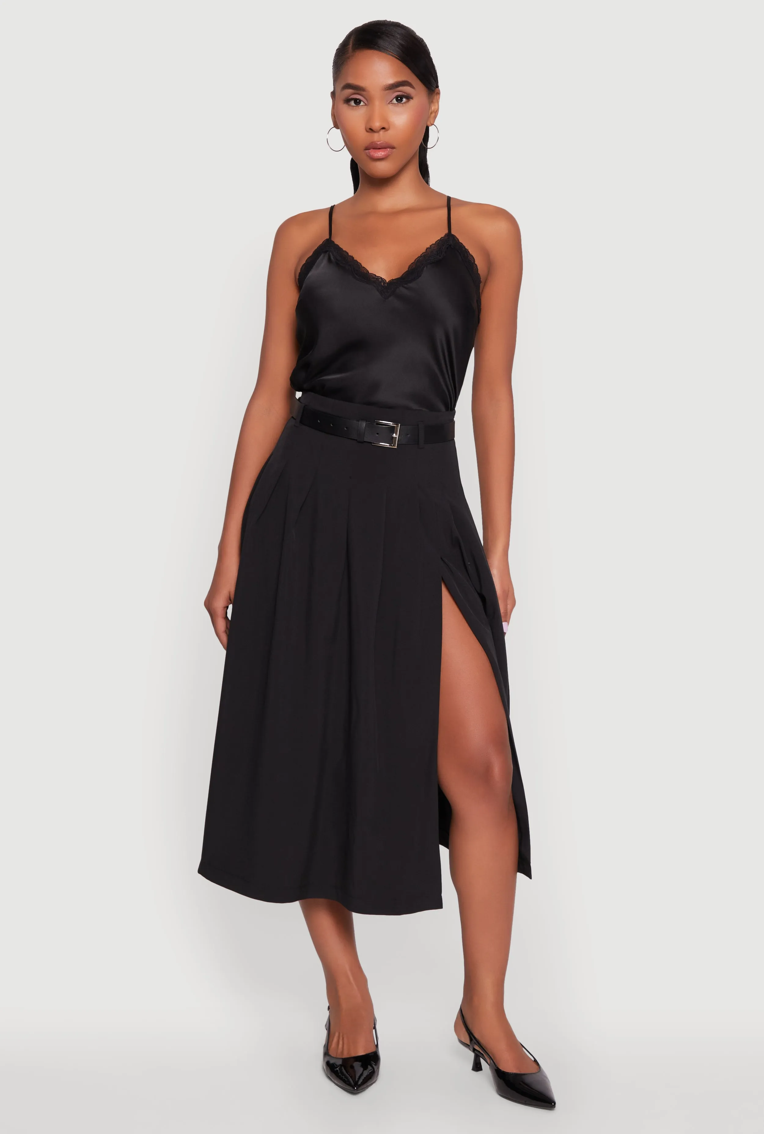 Trendy High Waisted Pleated Mid Length Skirt with Belt sold by Rainbow