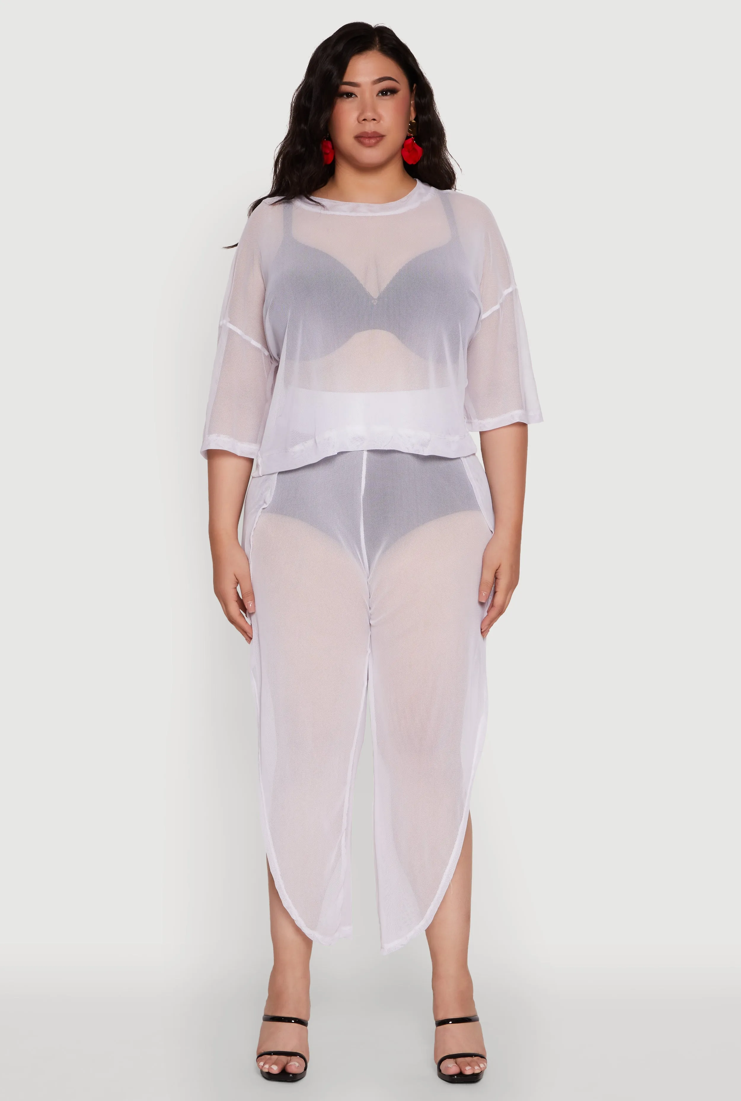 Plus Size Trendy High Waist Side Slit Mesh Palazzo Pants sold by Rainbow