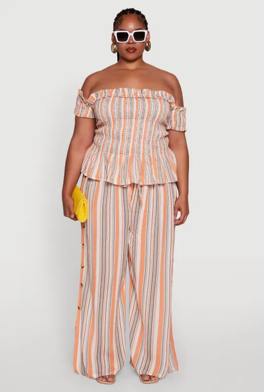 Plus Size Striped Buttoned Split Hem Palazzo Pants sold by Rainbow