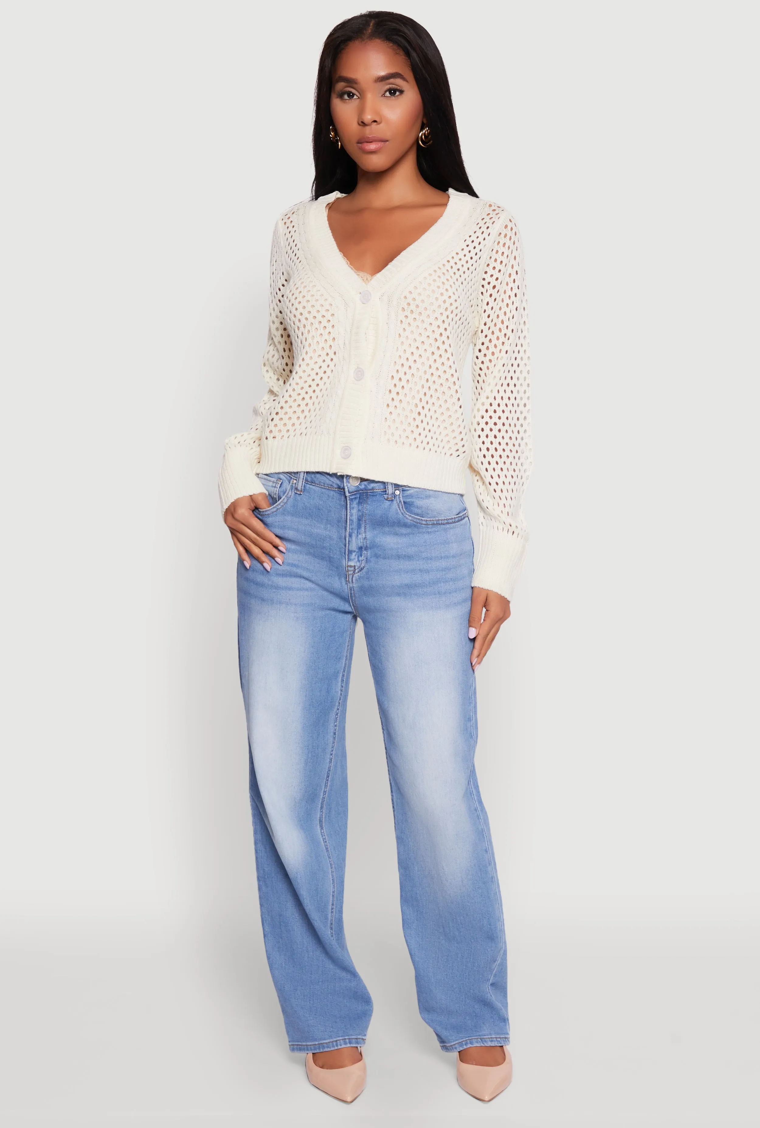 Chic Crochet Long Sleeve Button Front Cardigan sold by Rainbow