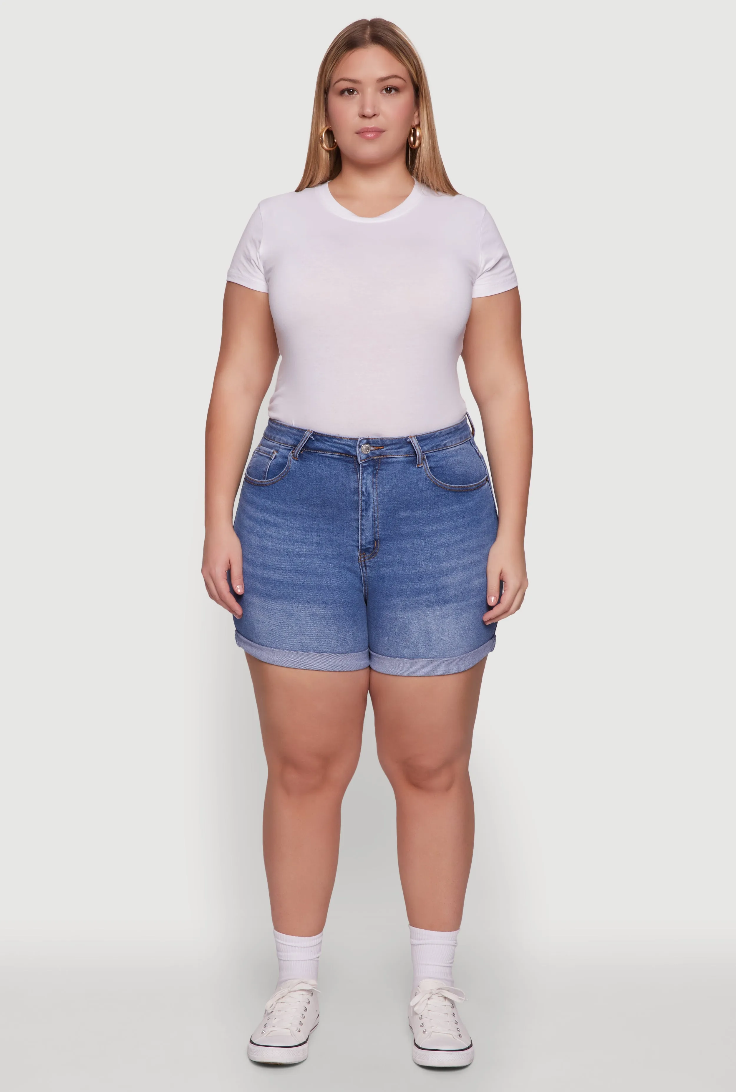 Plus Size WAX High Waisted Denim Shorts with Stretch and Whiskering sold by Rainbow