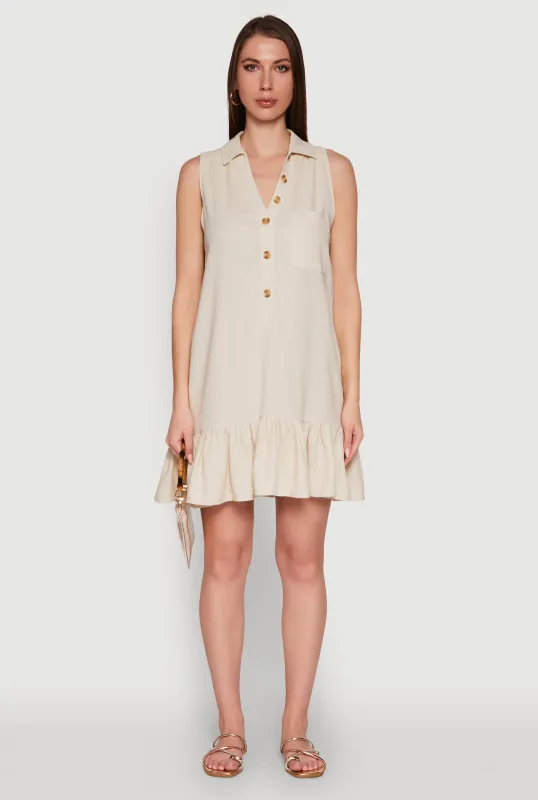 Trendy Linen Sleeveless Shirt Dress with Flounce Hem sold by Rainbow