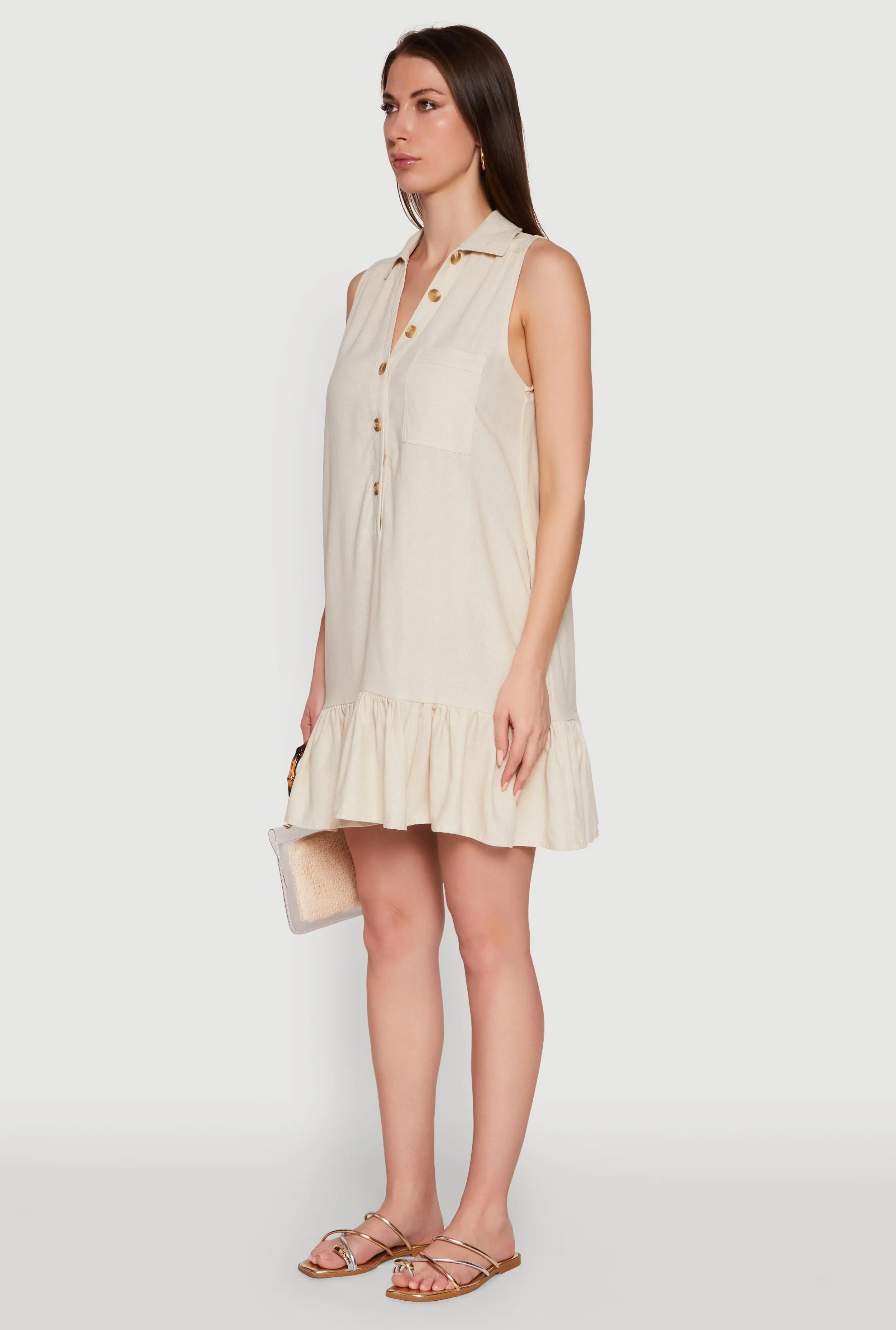 Trendy Linen Sleeveless Shirt Dress with Flounce Hem sold by Rainbow product image thumbnail 3