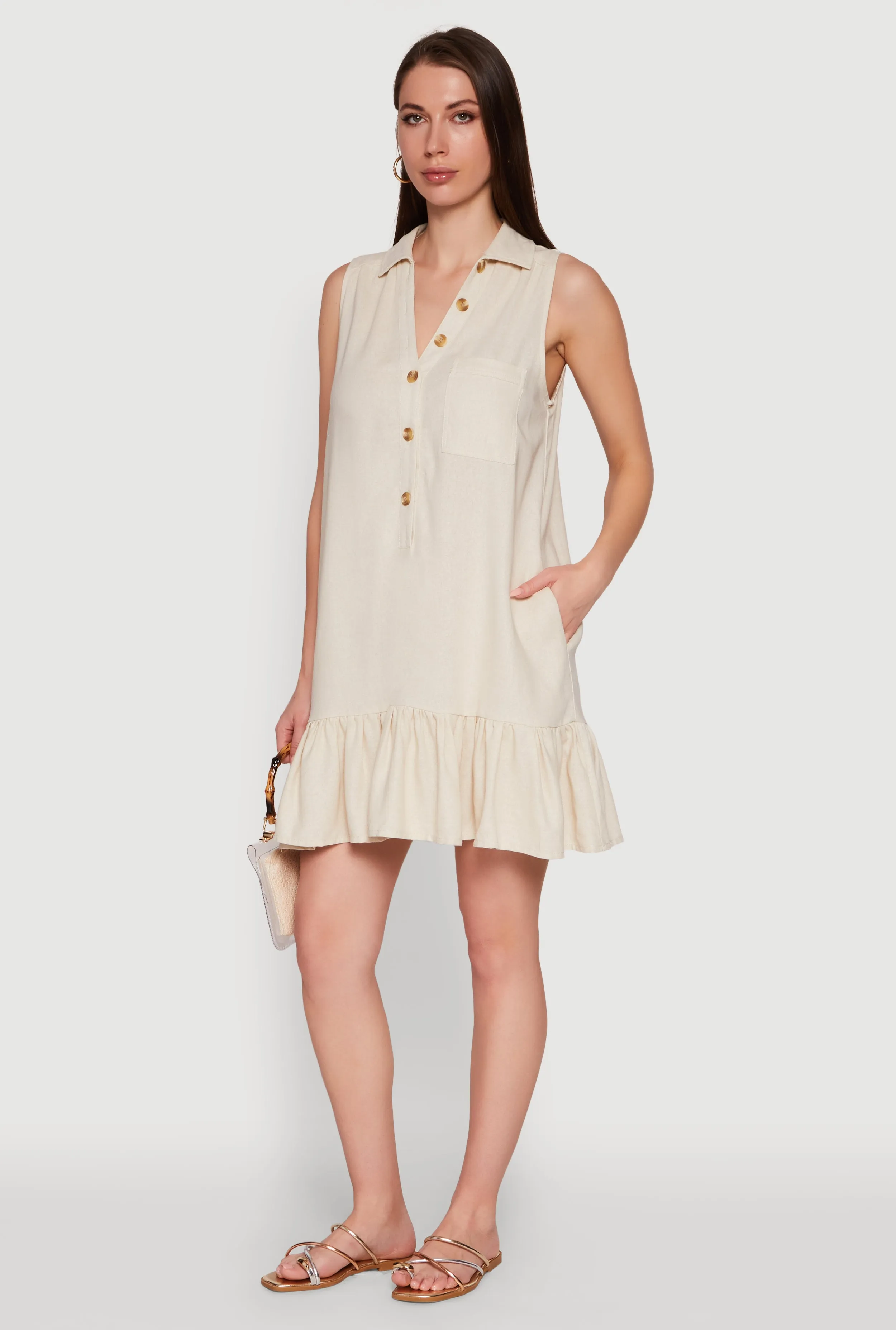 Trendy Linen Sleeveless Shirt Dress with Flounce Hem sold by Rainbow product image thumbnail 2