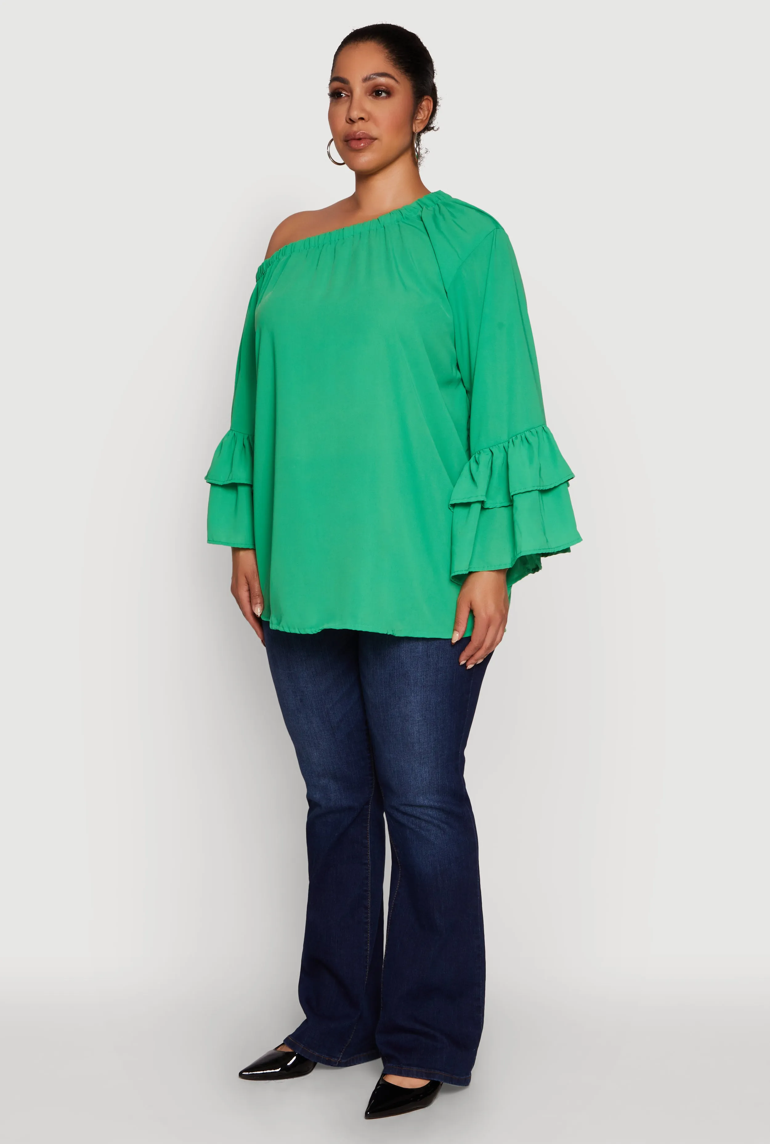 Plus Size Stylish One Shoulder Bell Sleeve Blouse with Ruffles sold by Rainbow product image thumbnail 5