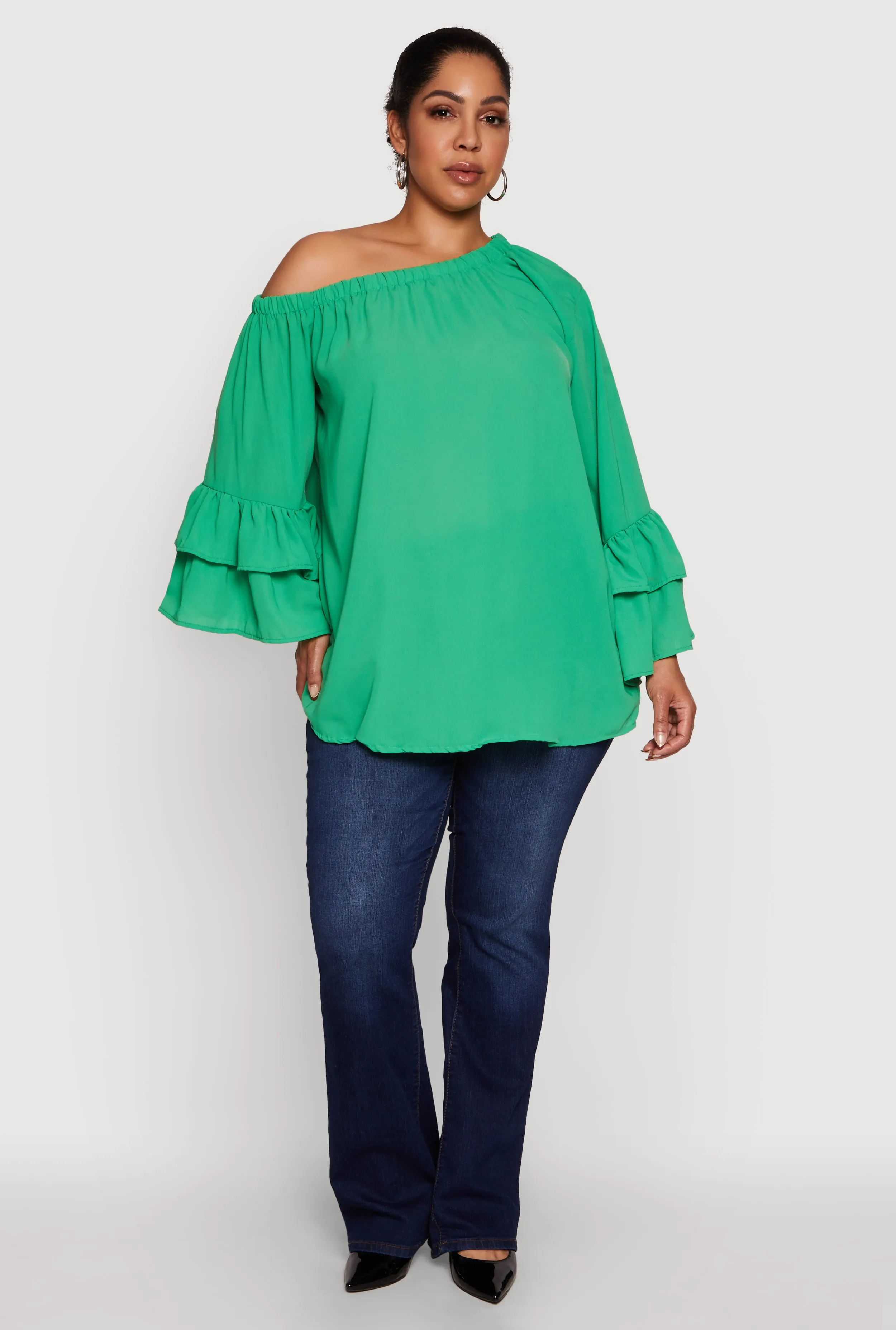 Plus Size Stylish One Shoulder Bell Sleeve Blouse with Ruffles sold by Rainbow