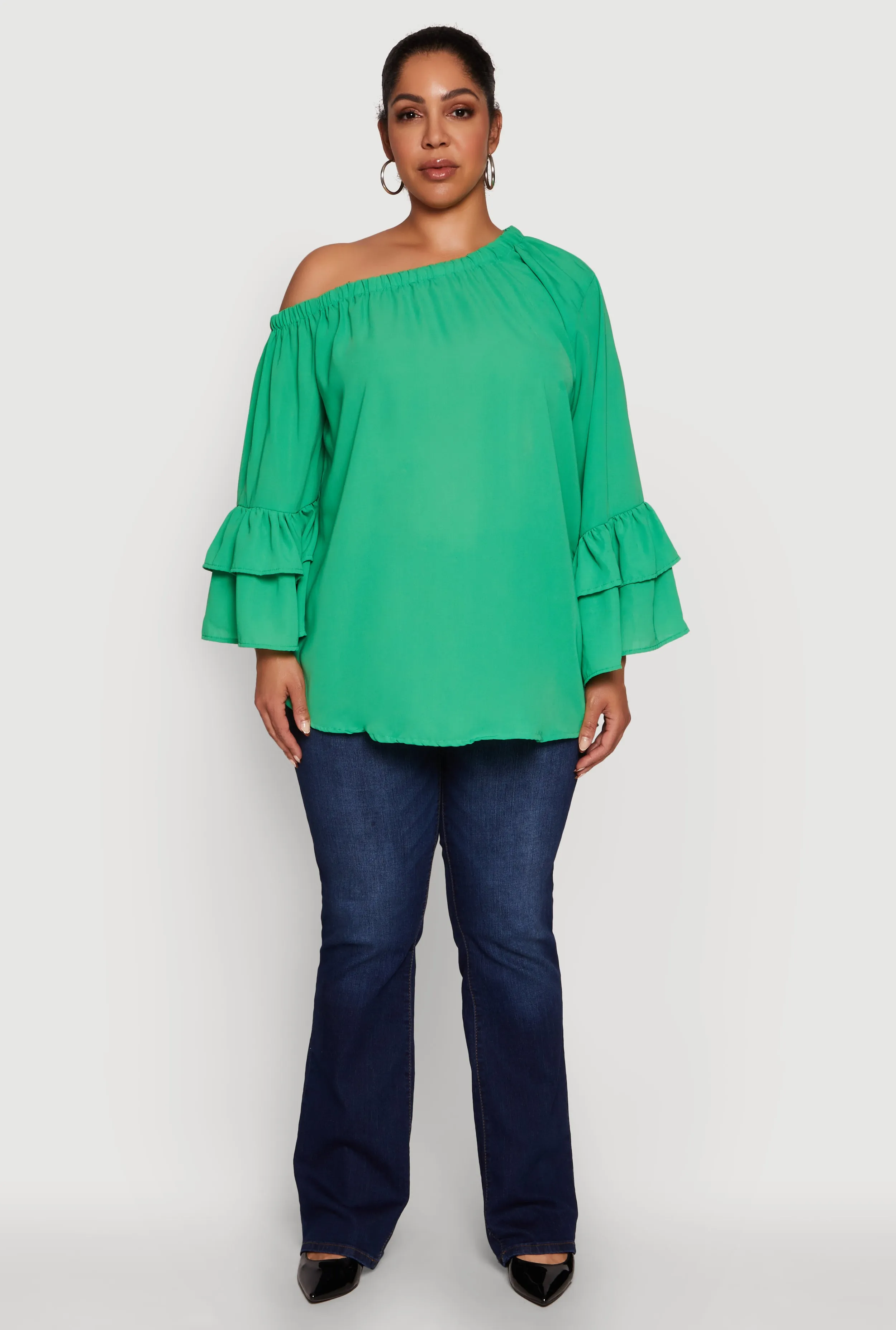 Plus Size Stylish One Shoulder Bell Sleeve Blouse with Ruffles sold by Rainbow product image thumbnail 3