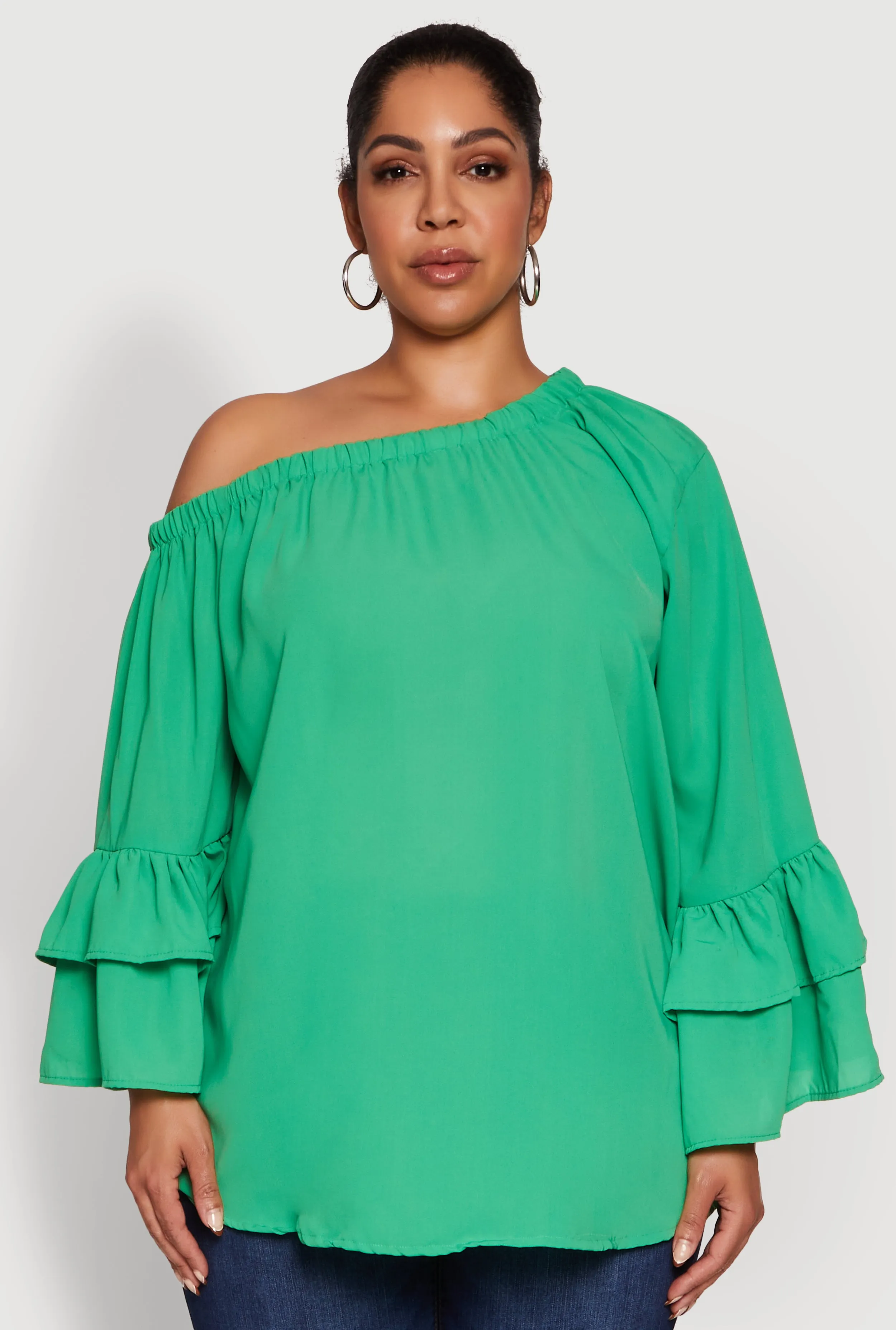 Plus Size Stylish One Shoulder Bell Sleeve Blouse with Ruffles sold by Rainbow product image thumbnail 2