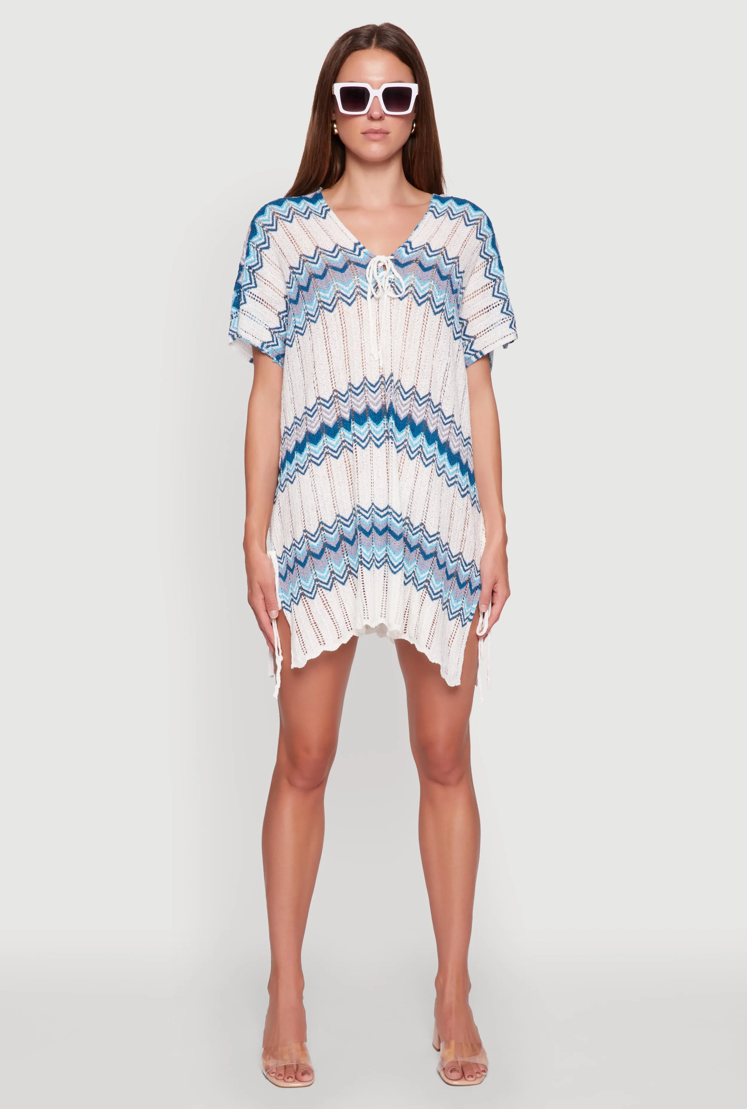 Stylish Crochet V-Neck Cover Up Dress with Tie Front sold by Rainbow product image thumbnail 2