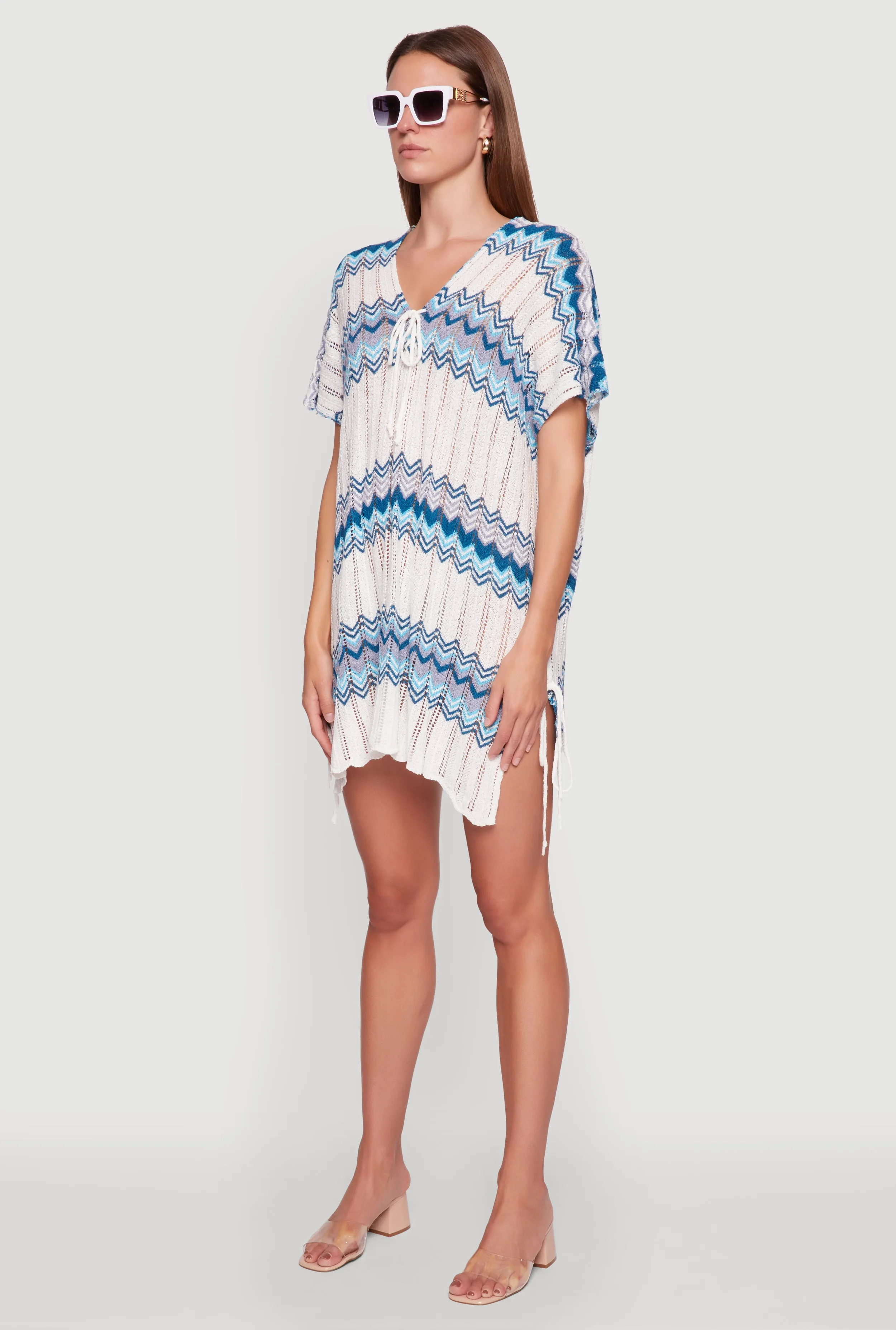 Stylish Crochet V-Neck Cover Up Dress with Tie Front sold by Rainbow product image thumbnail 3