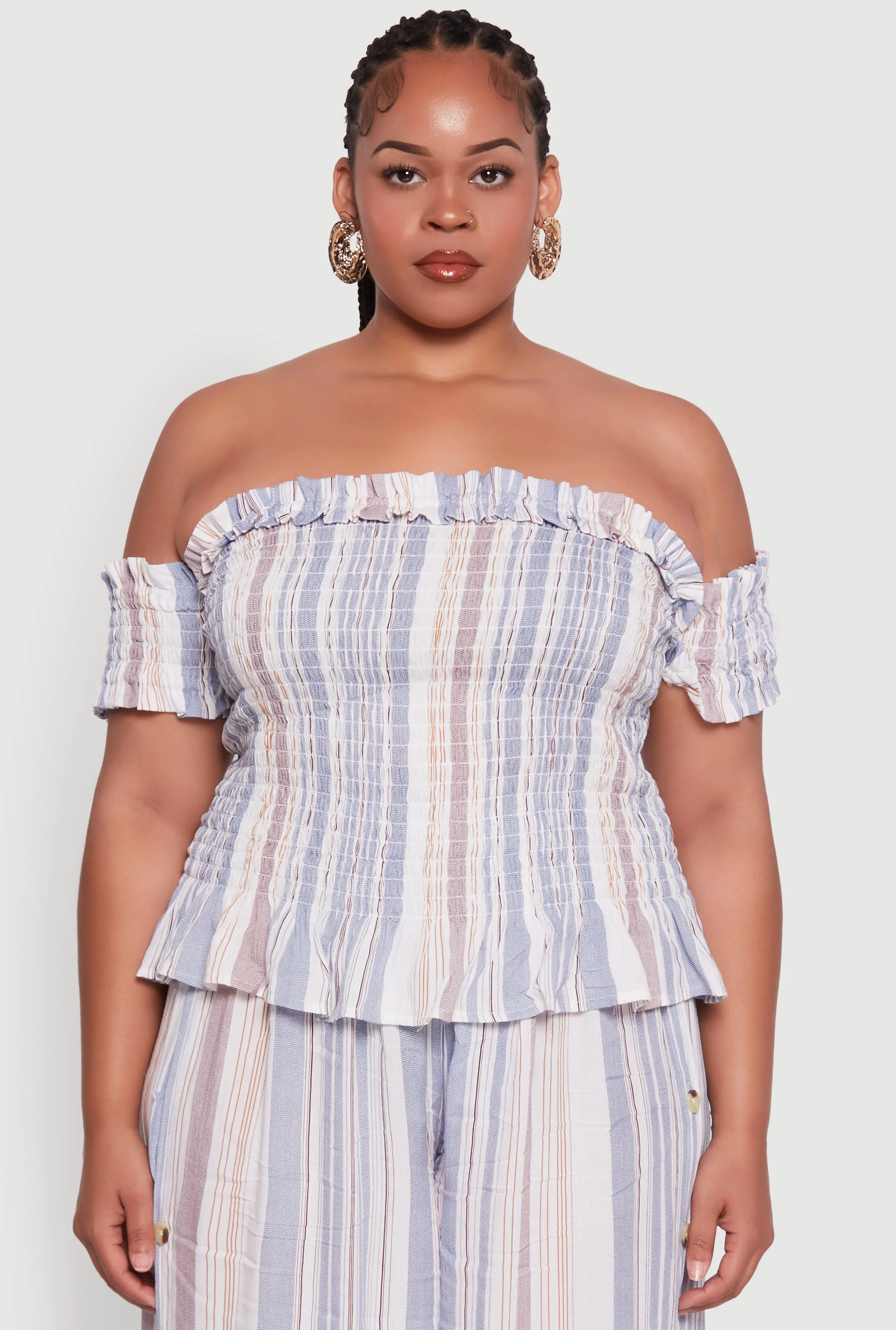 Plus Size Striped Off The Shoulder Peplum Top sold by Rainbow