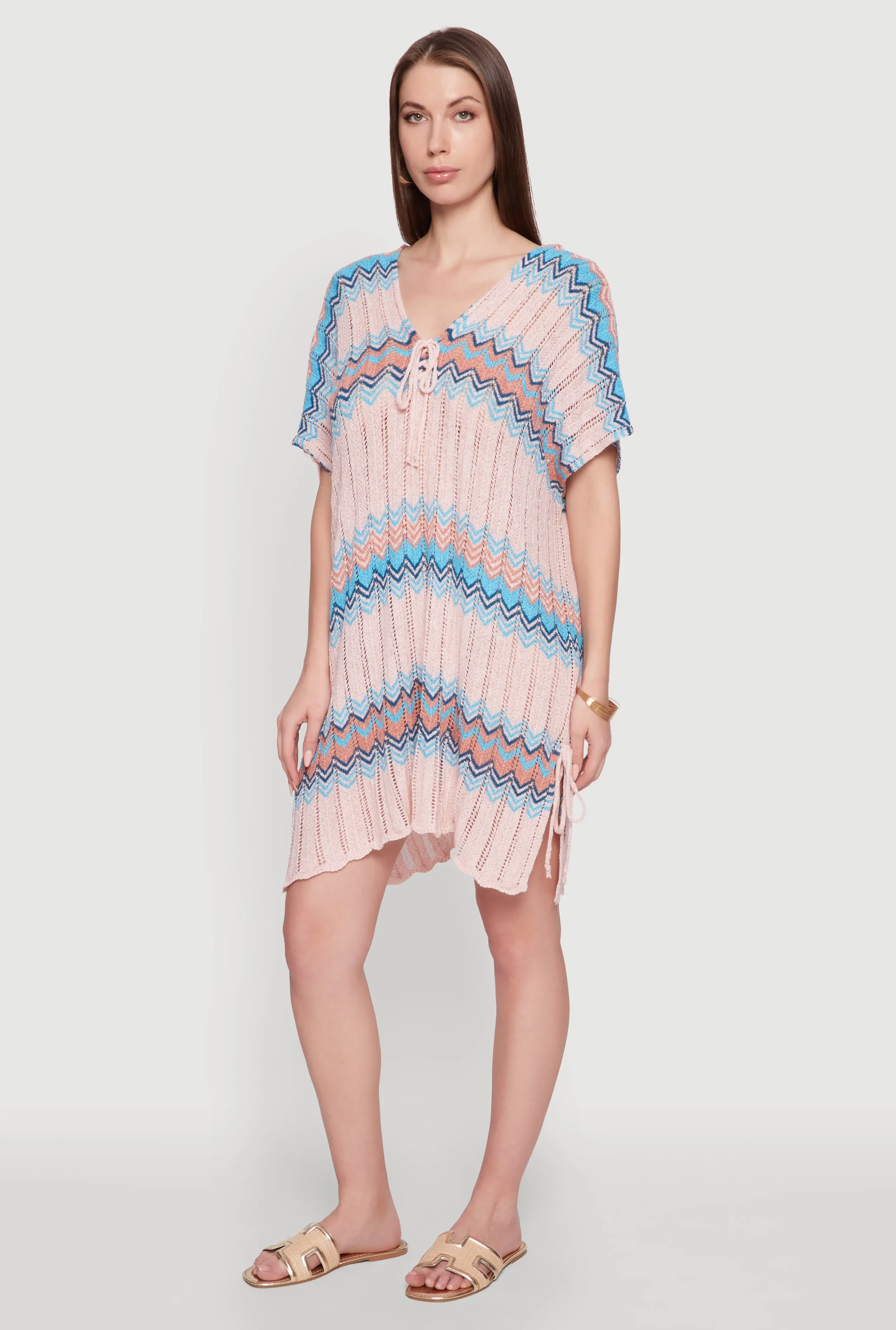 Stylish Crochet V-Neck Cover Up Dress with Tie Front sold by Rainbow