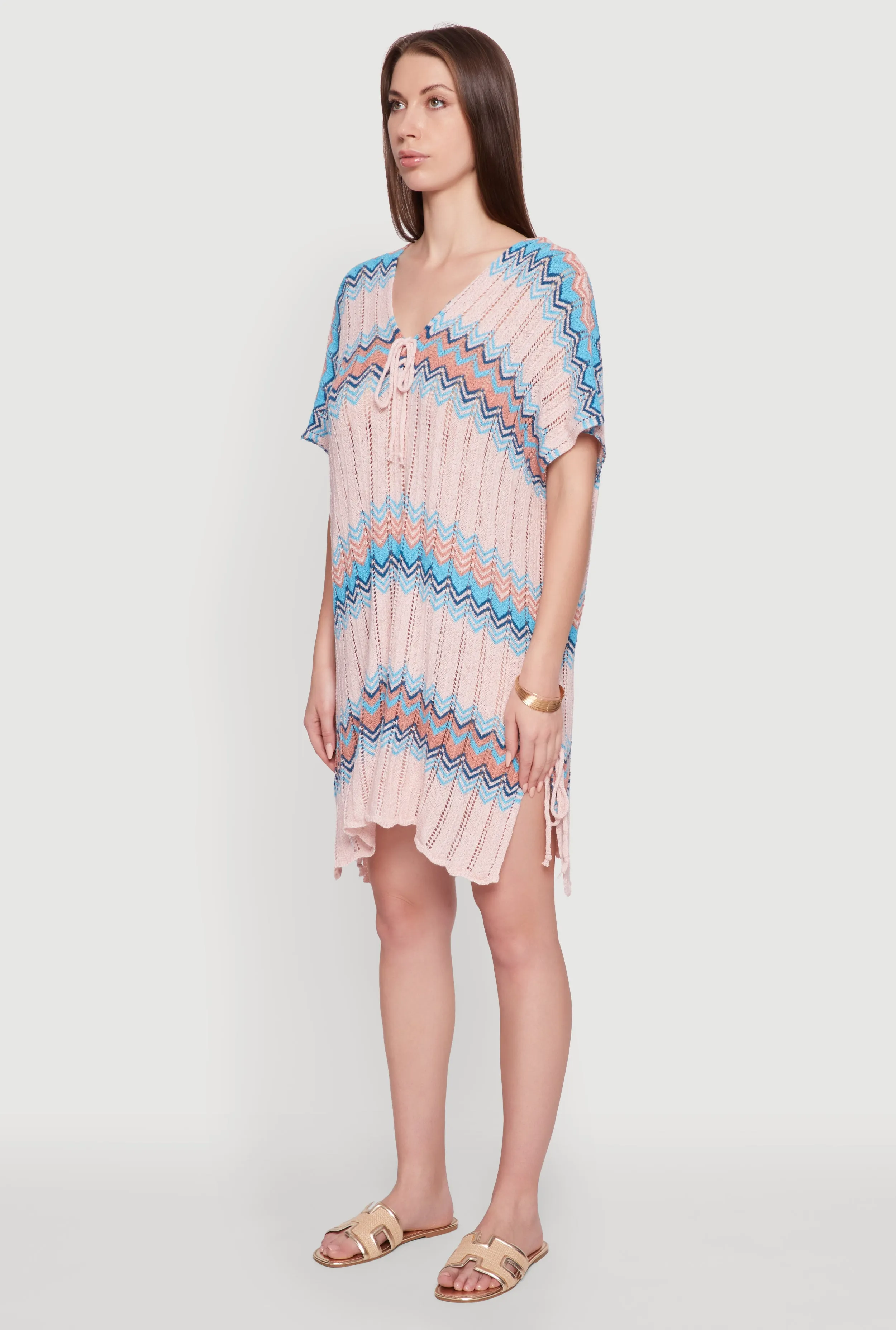 Stylish Crochet V-Neck Cover Up Dress with Tie Front sold by Rainbow product image thumbnail 2