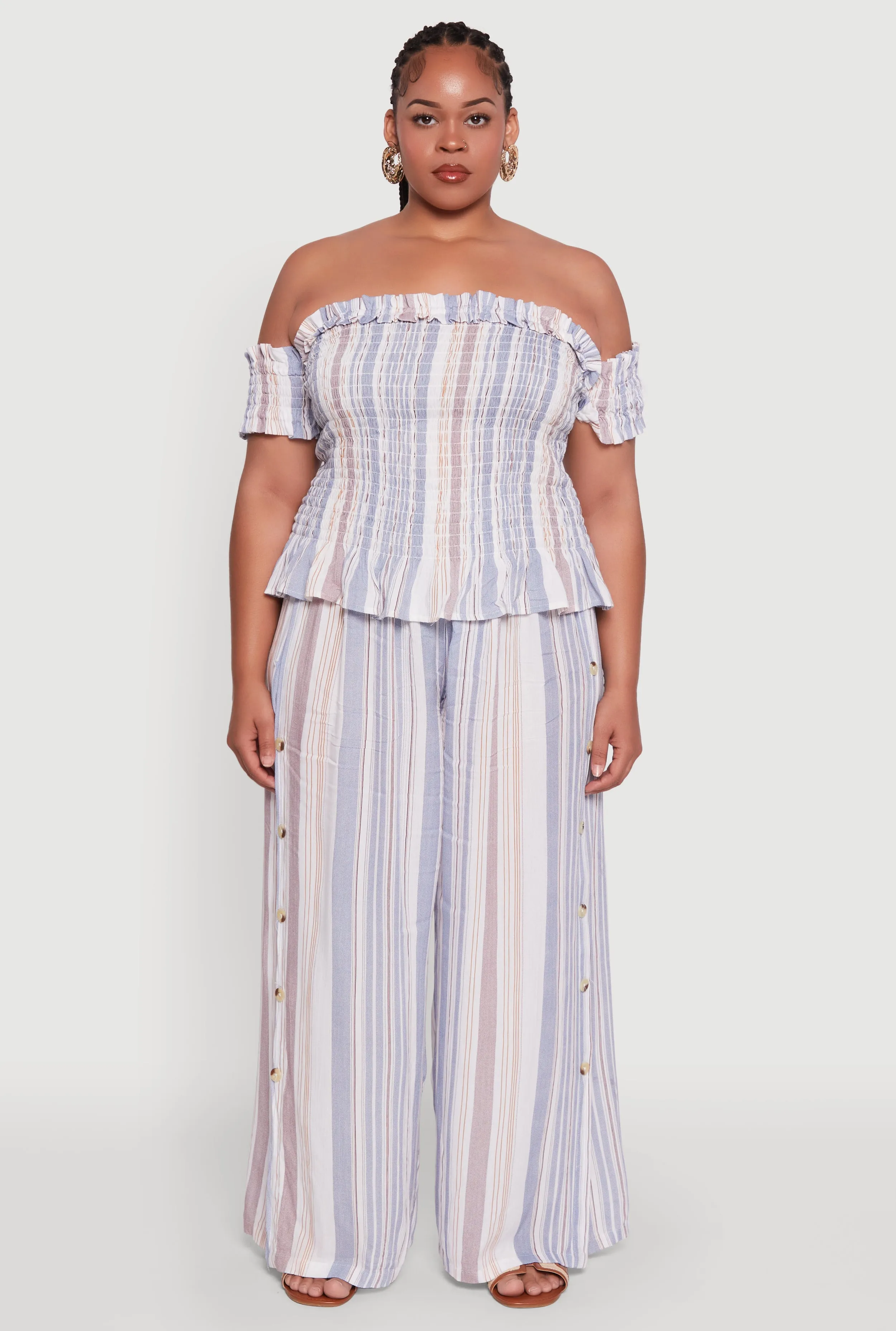 Plus Size Striped Buttoned Split Hem Palazzo Pants sold by Rainbow product image thumbnail 2