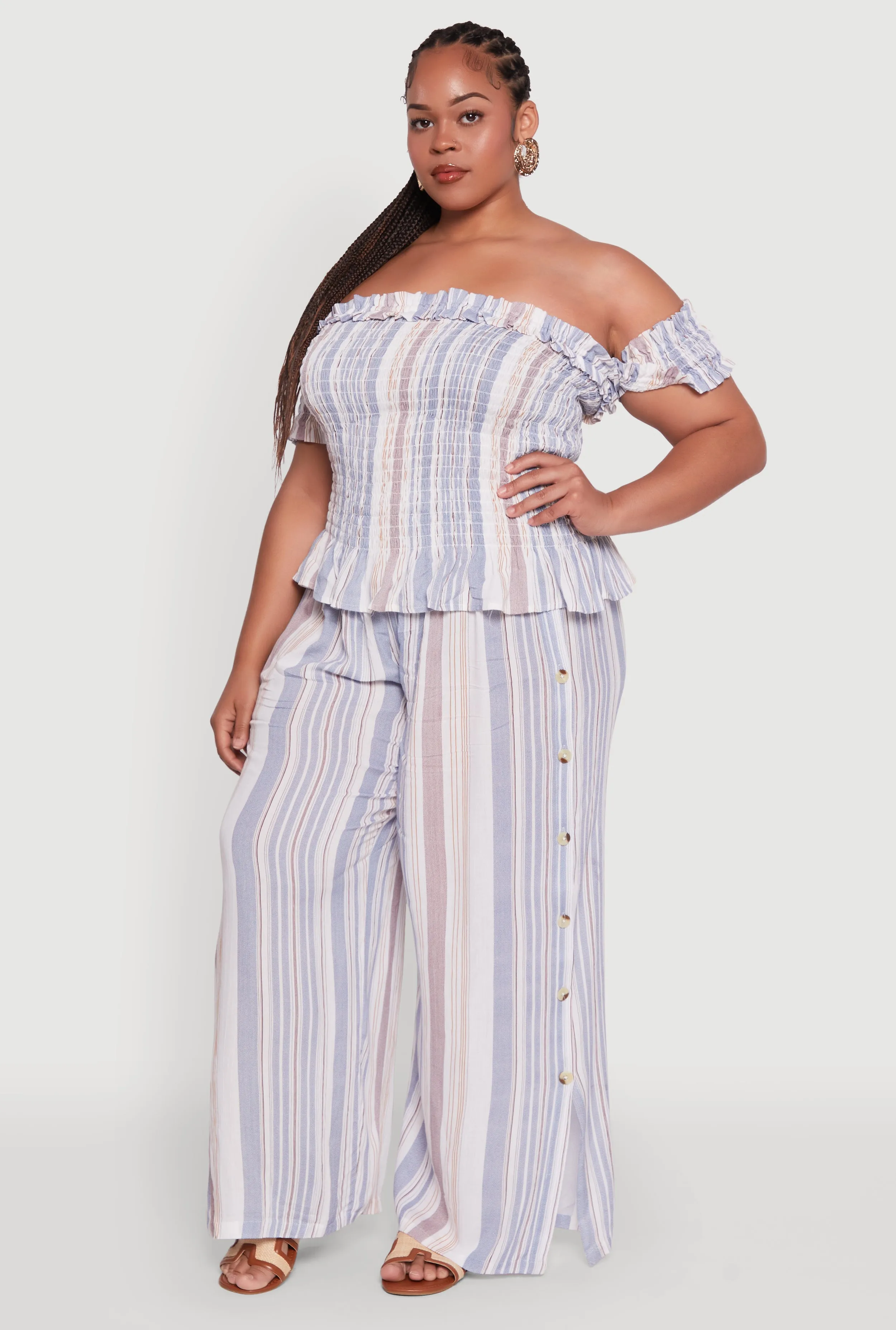 Plus Size Striped Buttoned Split Hem Palazzo Pants sold by Rainbow