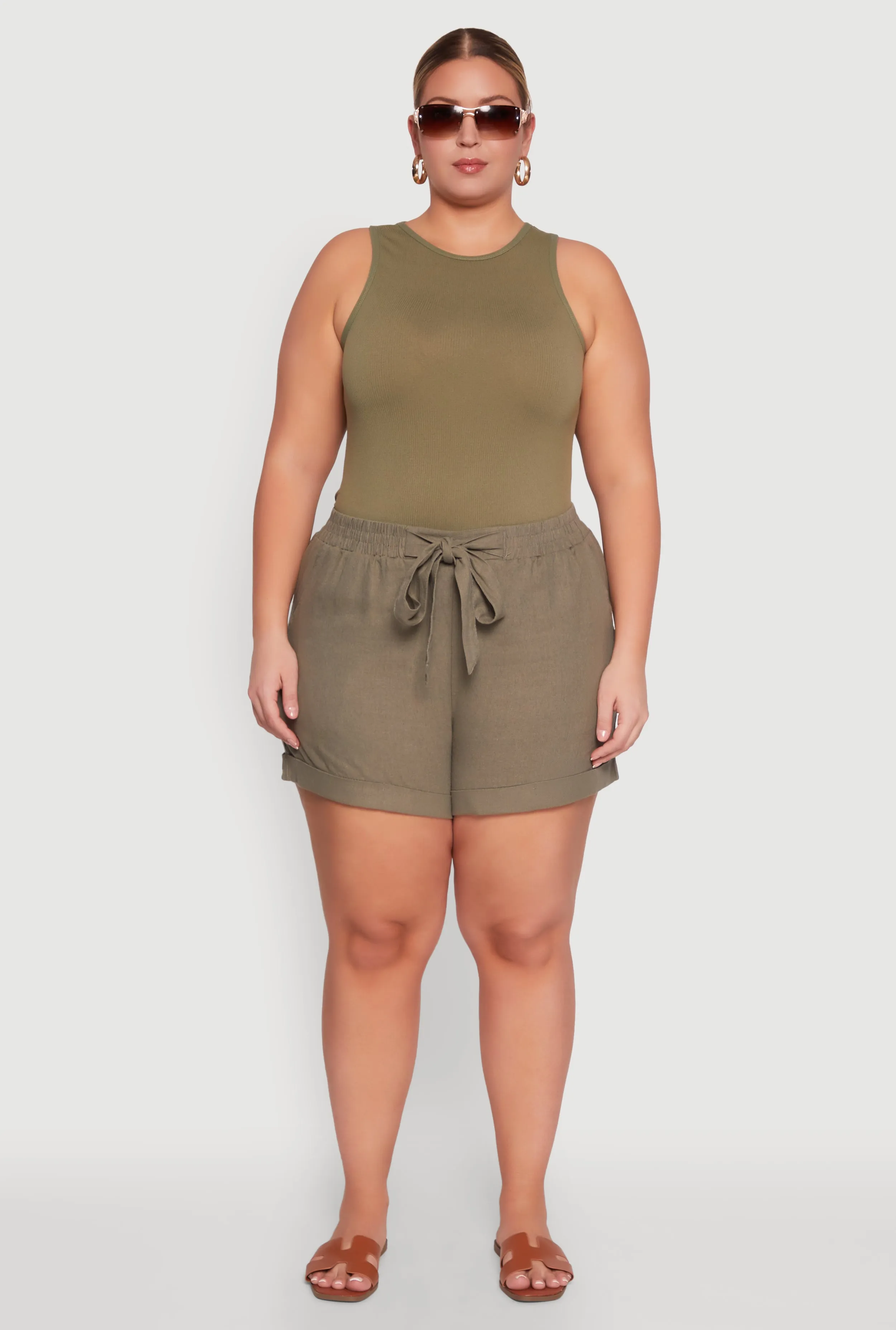 Plus Size Stylish Linen Drawstring Detail Pull On Shorts sold by Rainbow