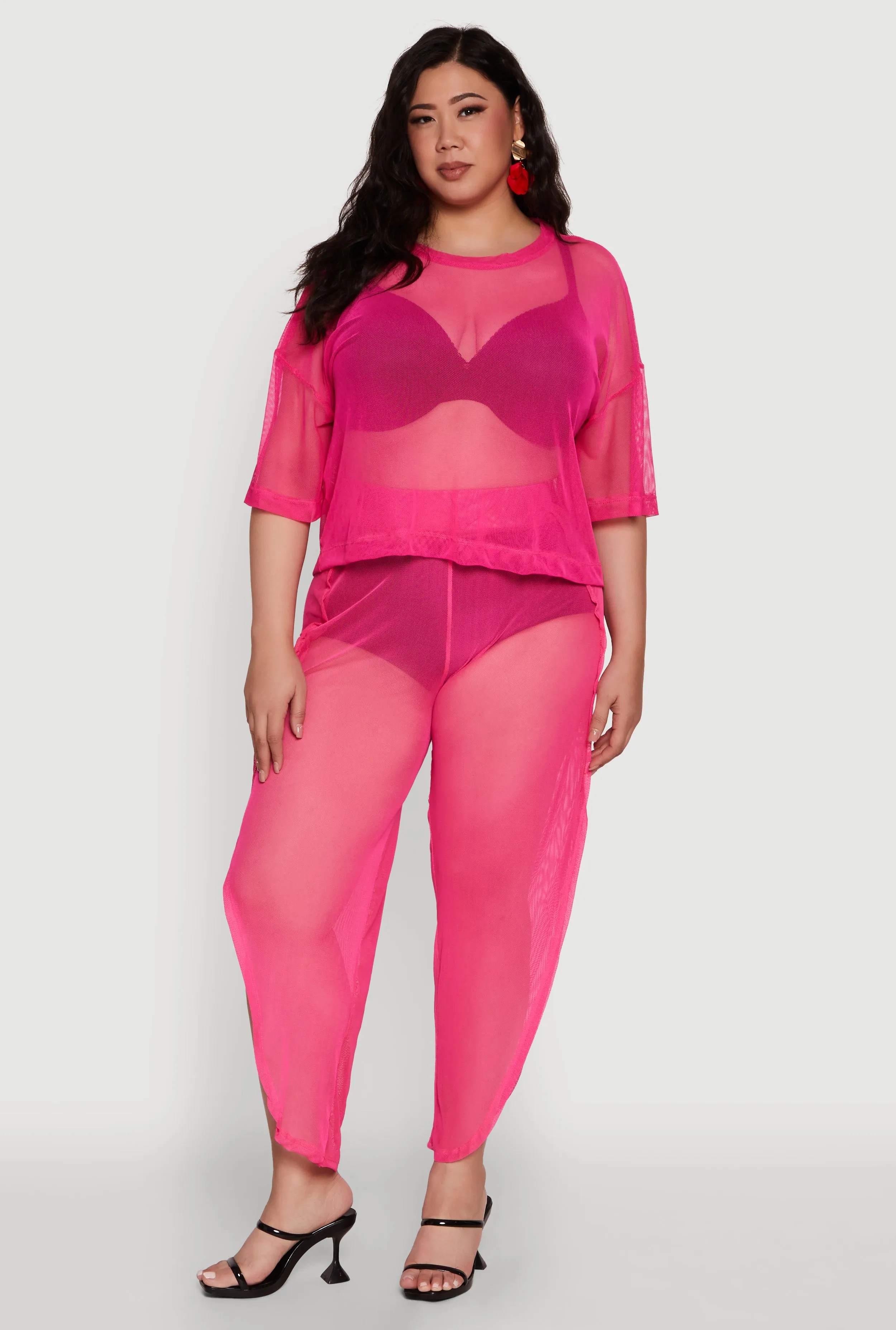 Plus Size Trendy High Waist Side Slit Mesh Palazzo Pants sold by Rainbow