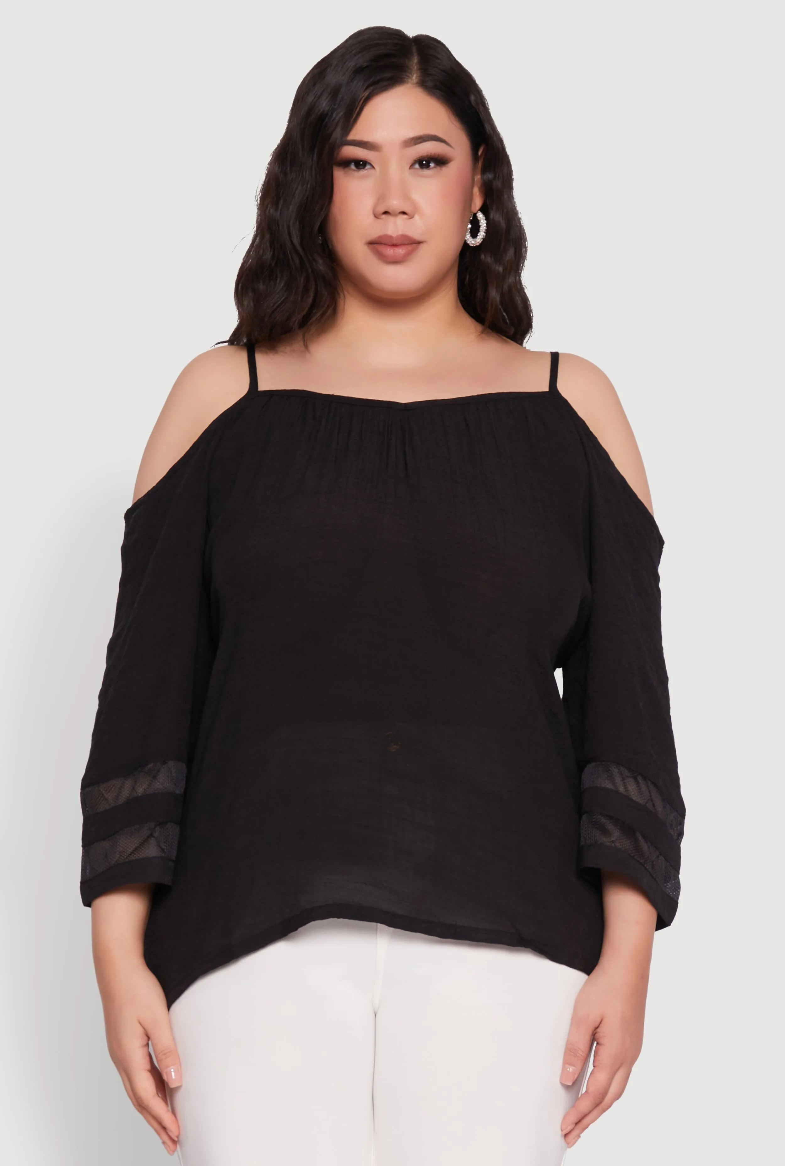Plus Size Chic Cold Shoulder Gauze Knit Top with Adjustable Straps sold by Rainbow product image thumbnail 2